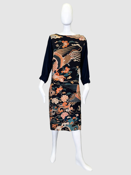Printed Long Sleeve Midi Dress - Size 40