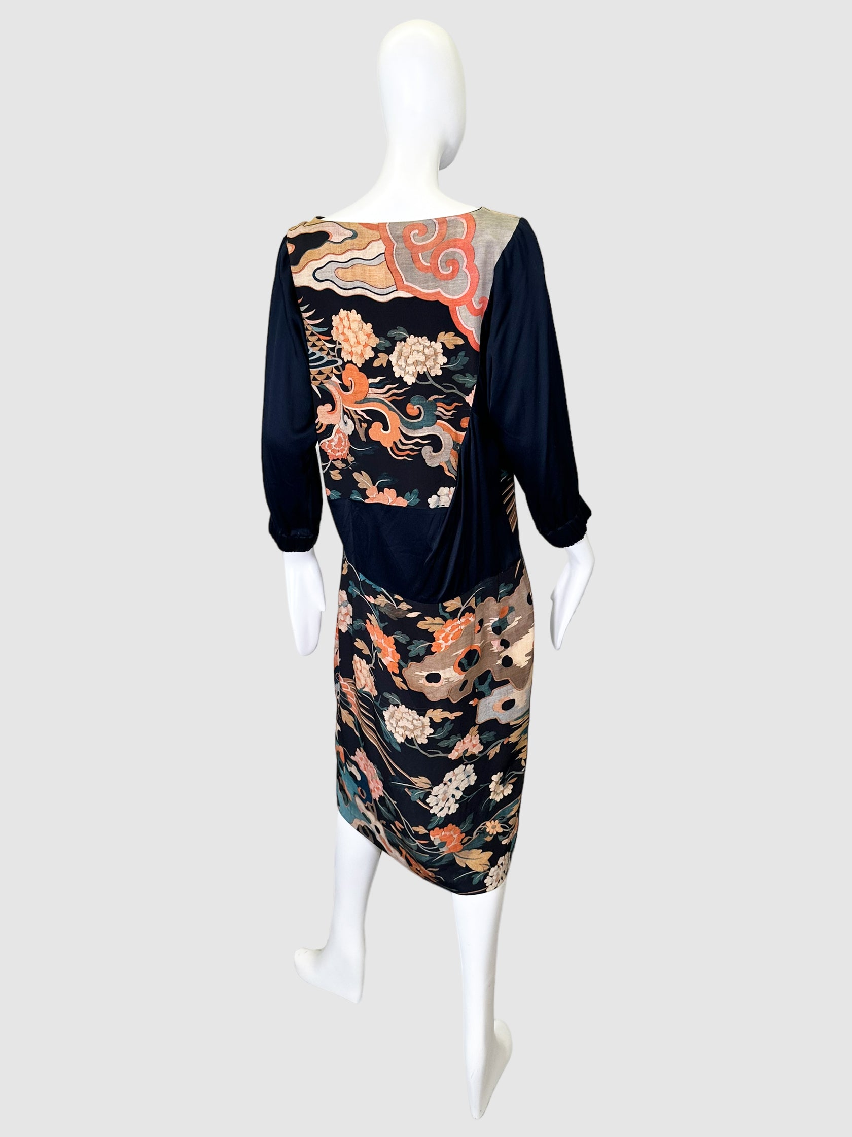 Printed Long Sleeve Midi Dress - Size 40