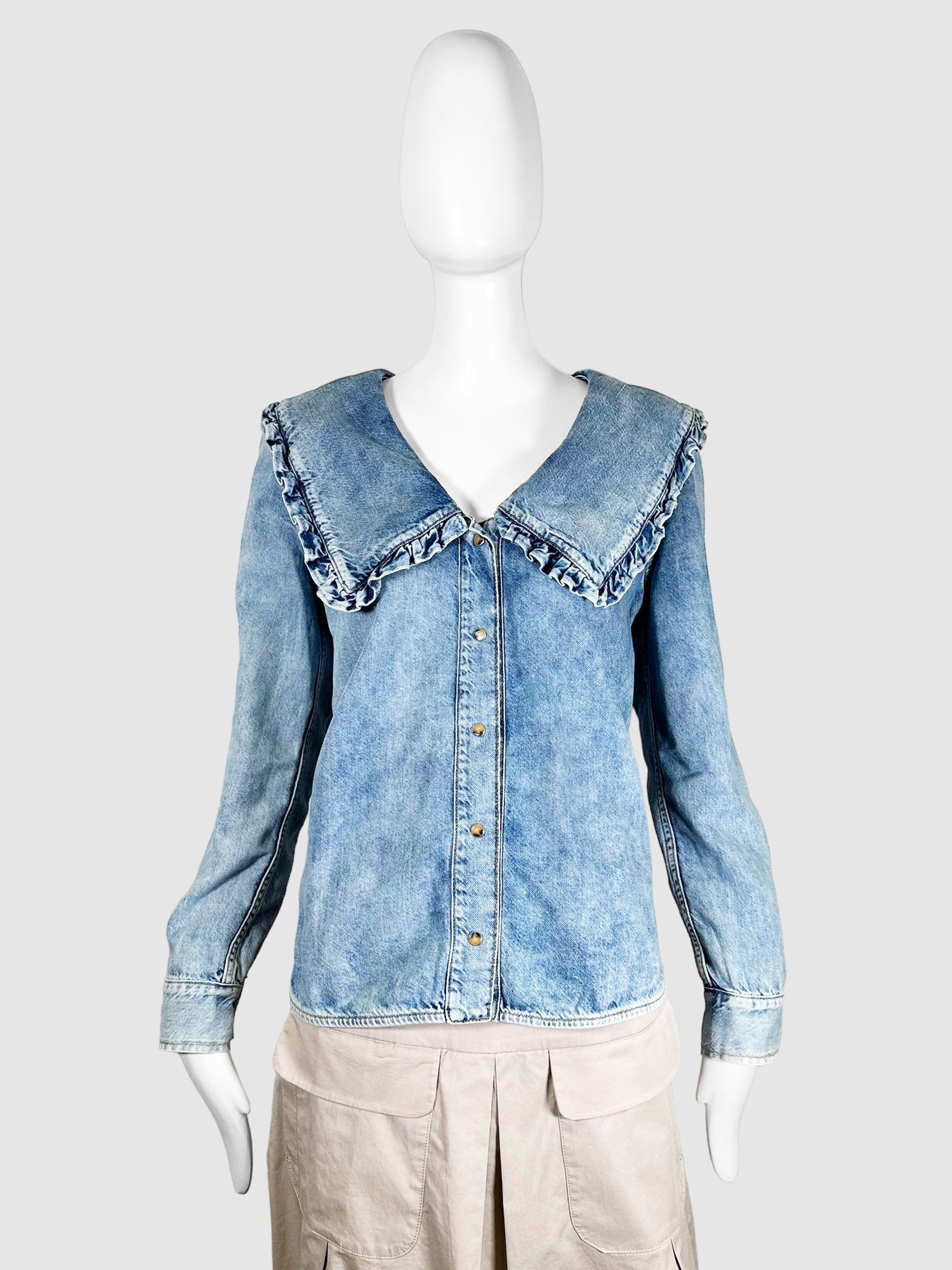 GANNI Blue Denim Snap Button Top with Ruffle Collar Size 36 Consignment Secondhand Designer Luxury Resale Toronto Trendy