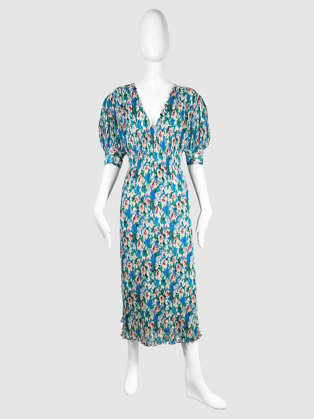 GANNI Blue, Green, White, Black, Peach, and Pink Floral Pleated Maxi Dress with Puff Sleeves Size 34 Consignment Secondhand Designer Luxury Resale Toronto Trendy