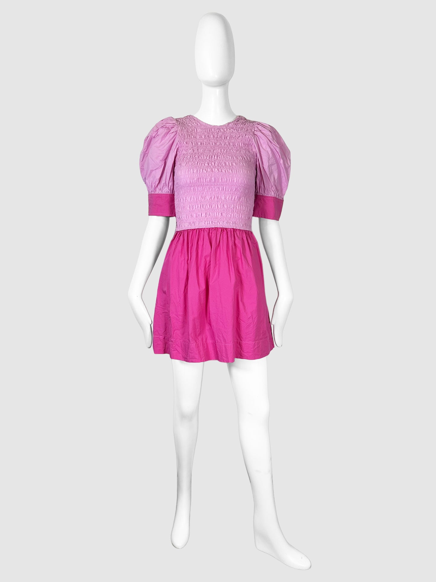 GANNI Two-Tone Pink Smocked Puff Sleeve Mini Dress Size 34 Consignment Secondhand Designer Luxury Resale Toronto Trendy