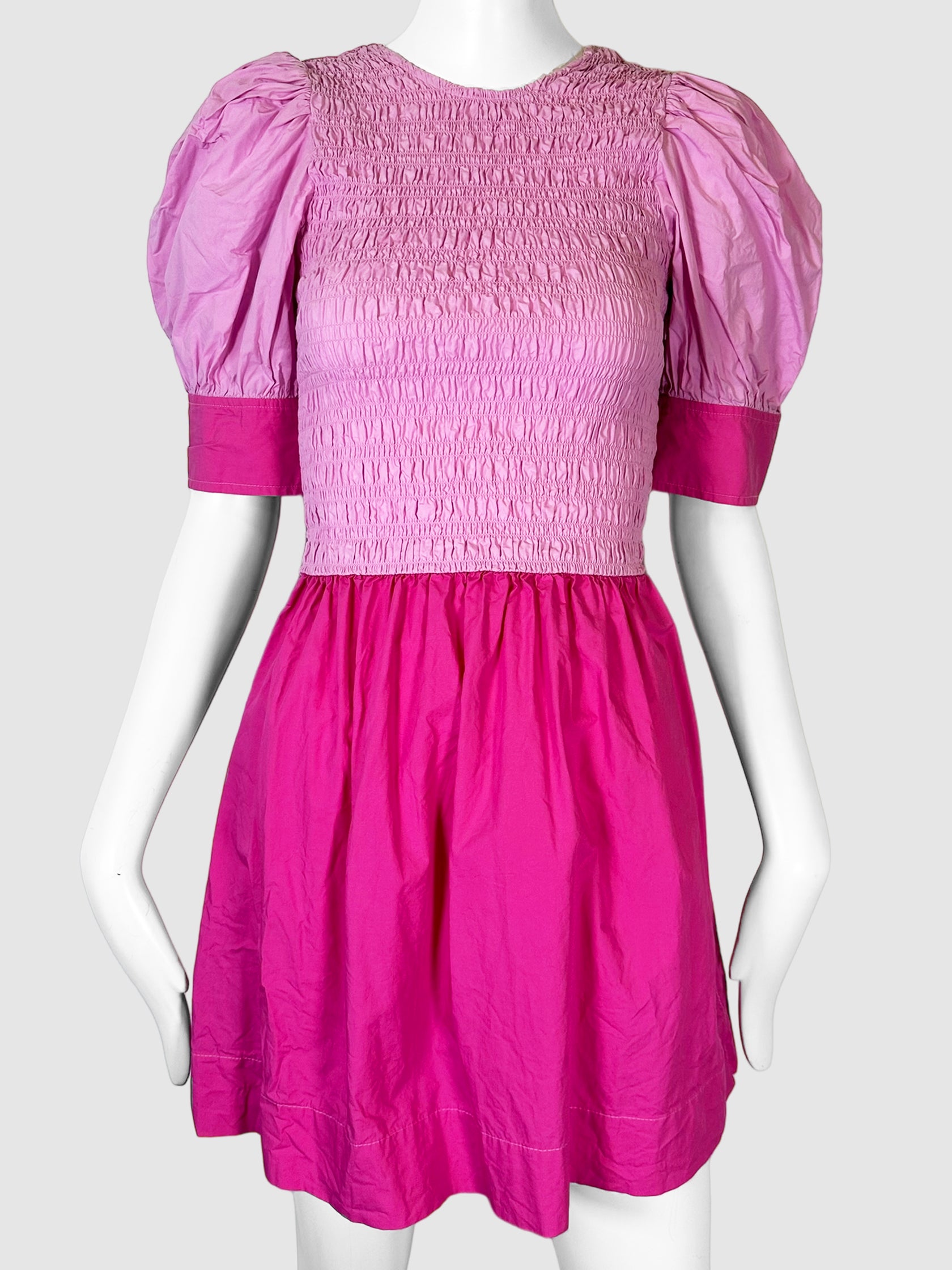 GANNI Two-Tone Pink Smocked Puff Sleeve Mini Dress Size 34 Consignment Secondhand Designer Luxury Resale Toronto Trendy