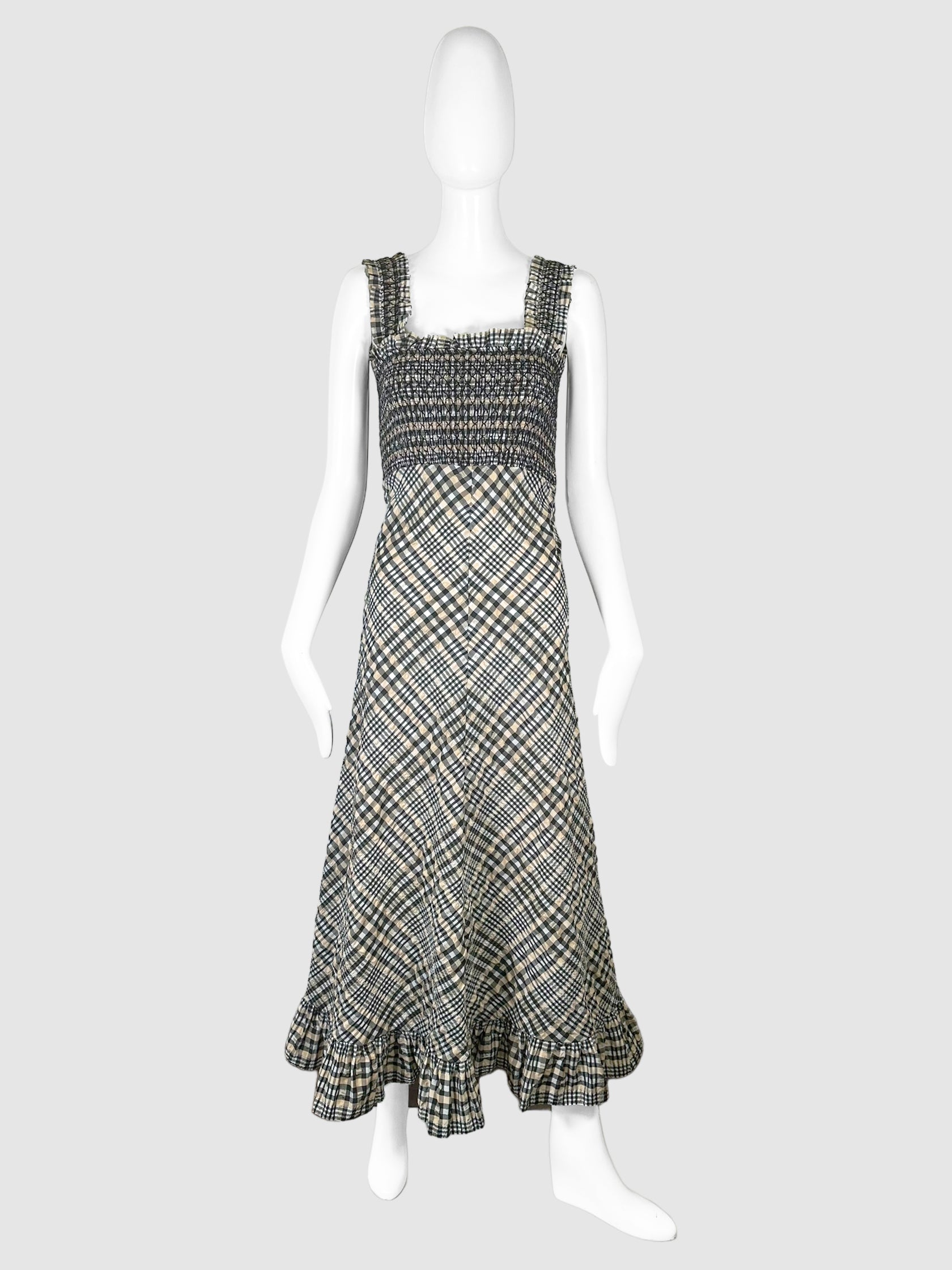 GANNI Beige, Black, and White Plaid Smocked Sleeveless Maxi Dress with Ruffle Hem Size 36 Consignment Secondhand Designer Luxury Resale Toronto Trendy