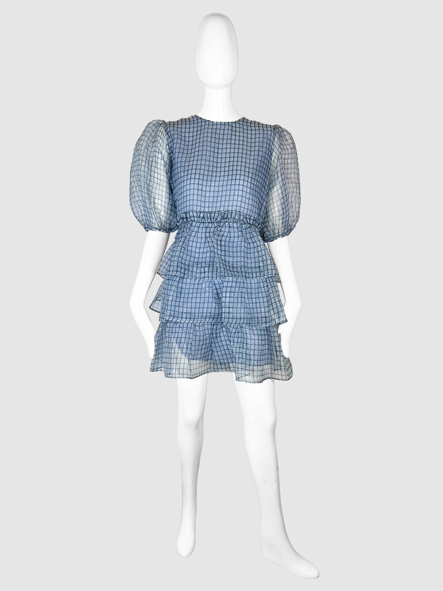 GANNI Blue and Black Plaid Tiered Ruffle Puff Sleeve Mini Dress Size 40 Consignment Secondhand Designer Luxury Resale Toronto Trendy