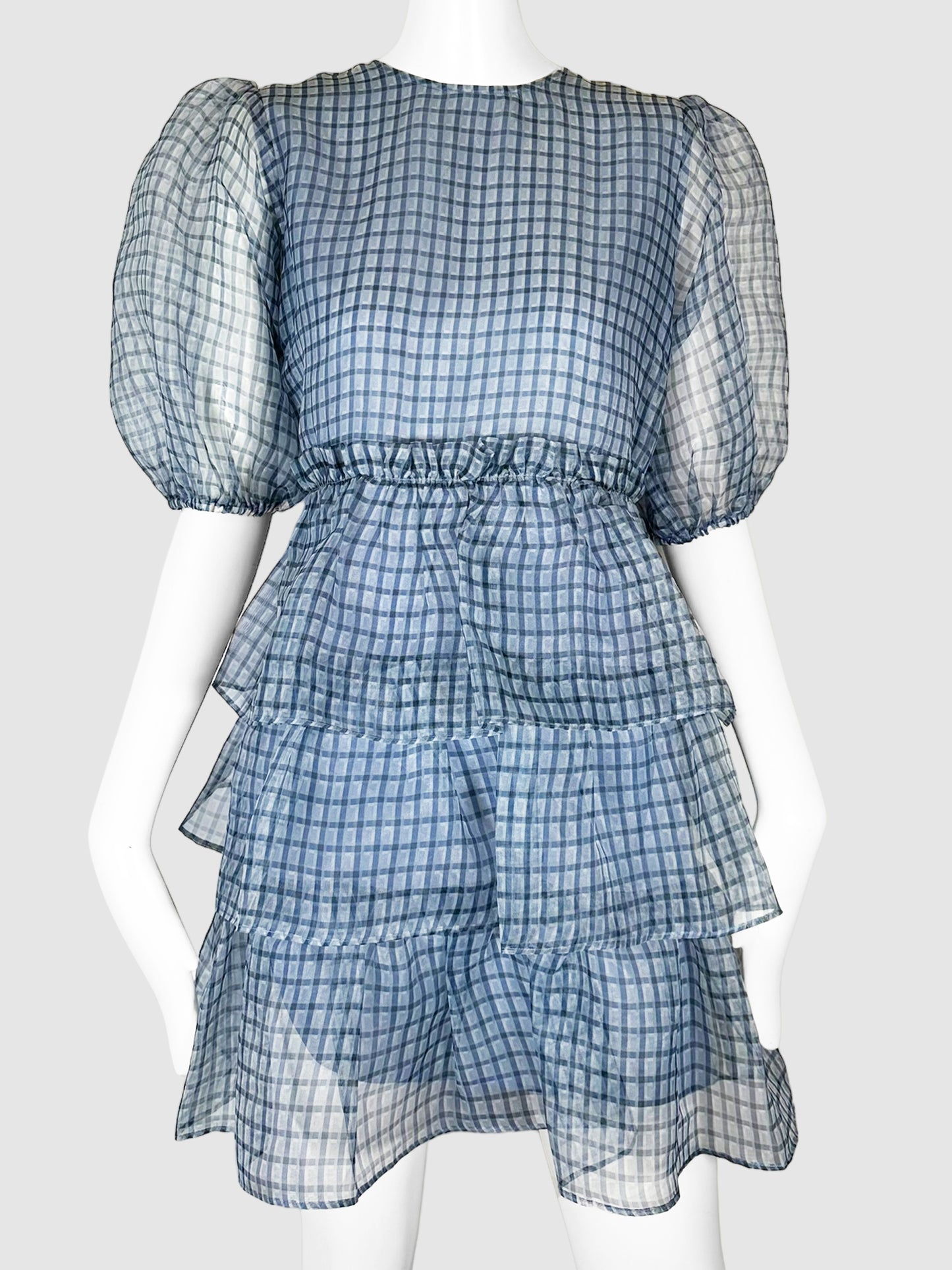 GANNI Blue and Black Plaid Tiered Ruffle Puff Sleeve Mini Dress Size 40 Consignment Secondhand Designer Luxury Resale Toronto Trendy