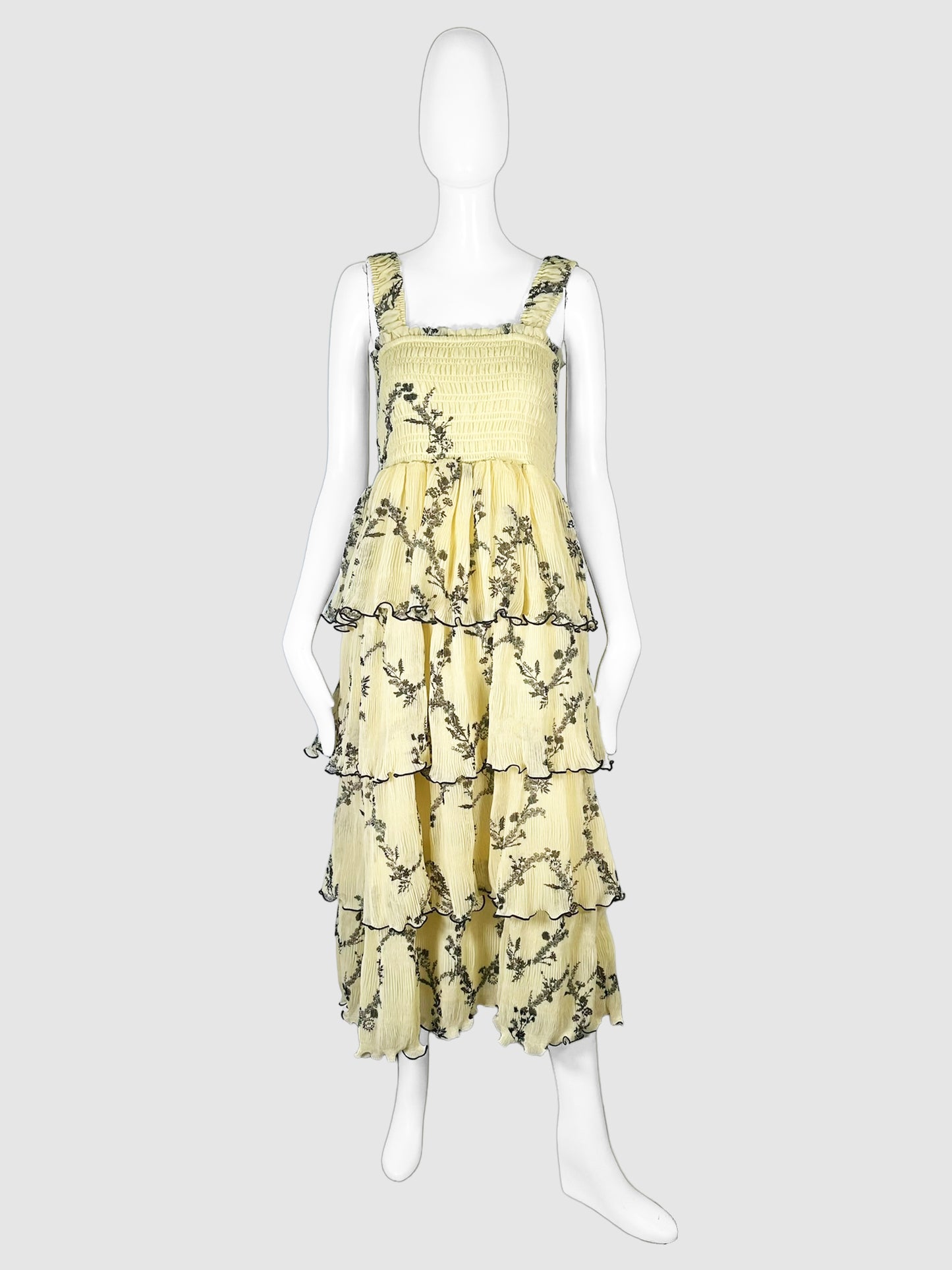 GANNI Pale Yellow and Black Floral Print Tiered Ruffle Sleeveless Midi Dress Size 38 Consignment Secondhand Designer Luxury Resale Toronto Trendy