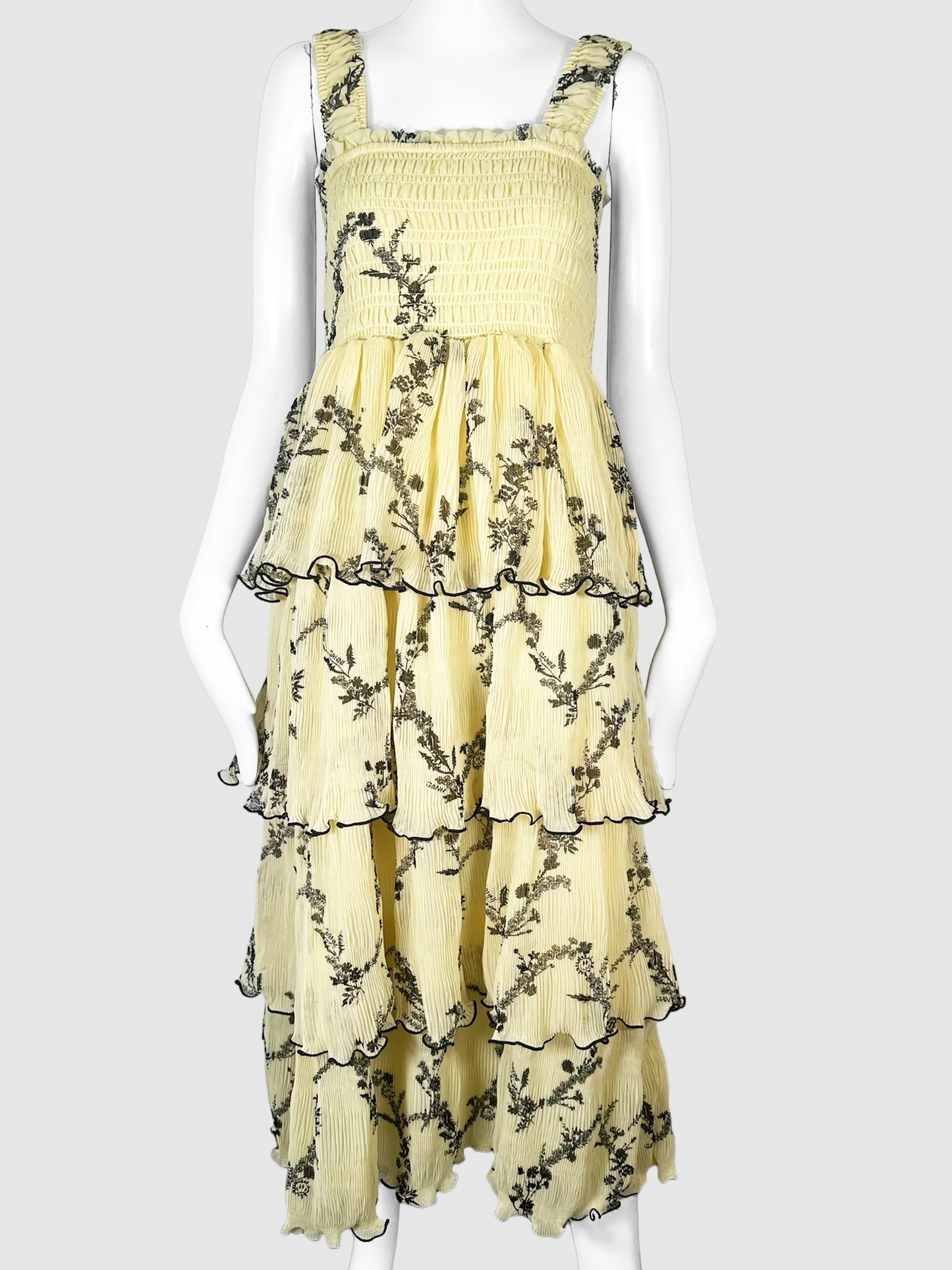 GANNI Pale Yellow and Black Floral Print Tiered Ruffle Sleeveless Midi Dress Size 38 Consignment Secondhand Designer Luxury Resale Toronto Trendy