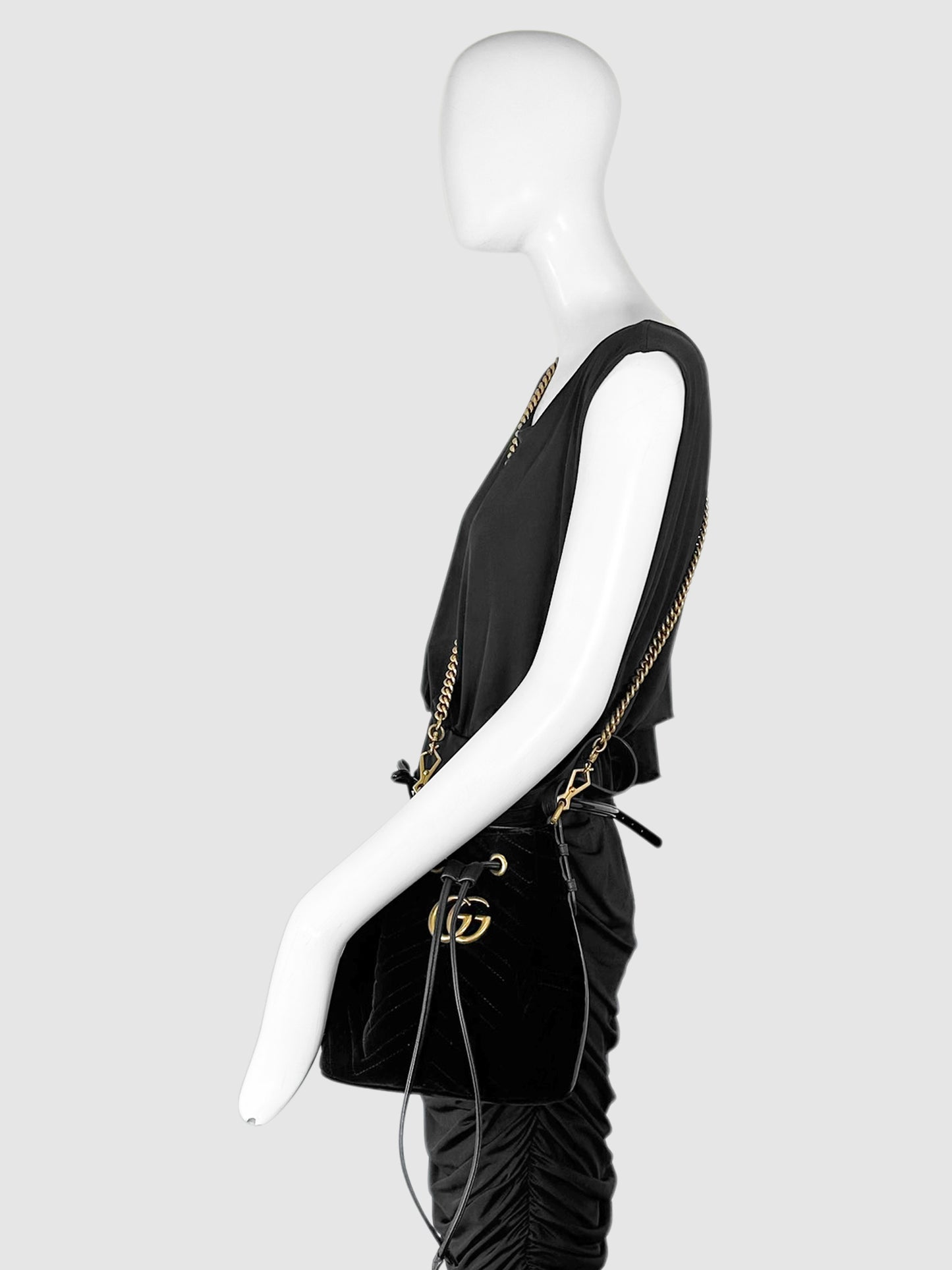 Gucci Black Velvet GG Marmont Chevron Bucket Bag Luxury Designer Resale Consignment Canada Toronto