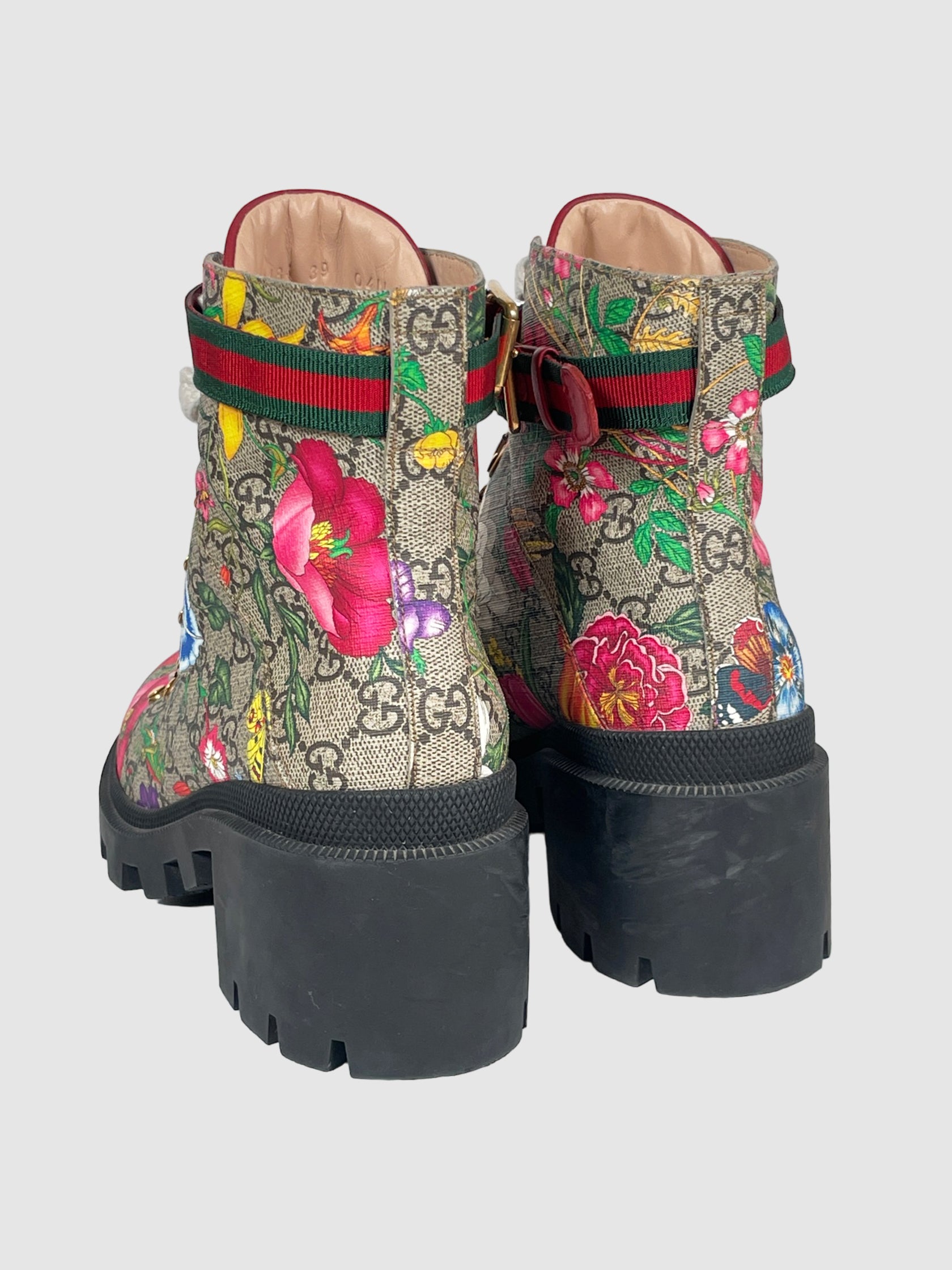 Gucci Flora Print Grosgrain Trim Combat Boots - Size 39
