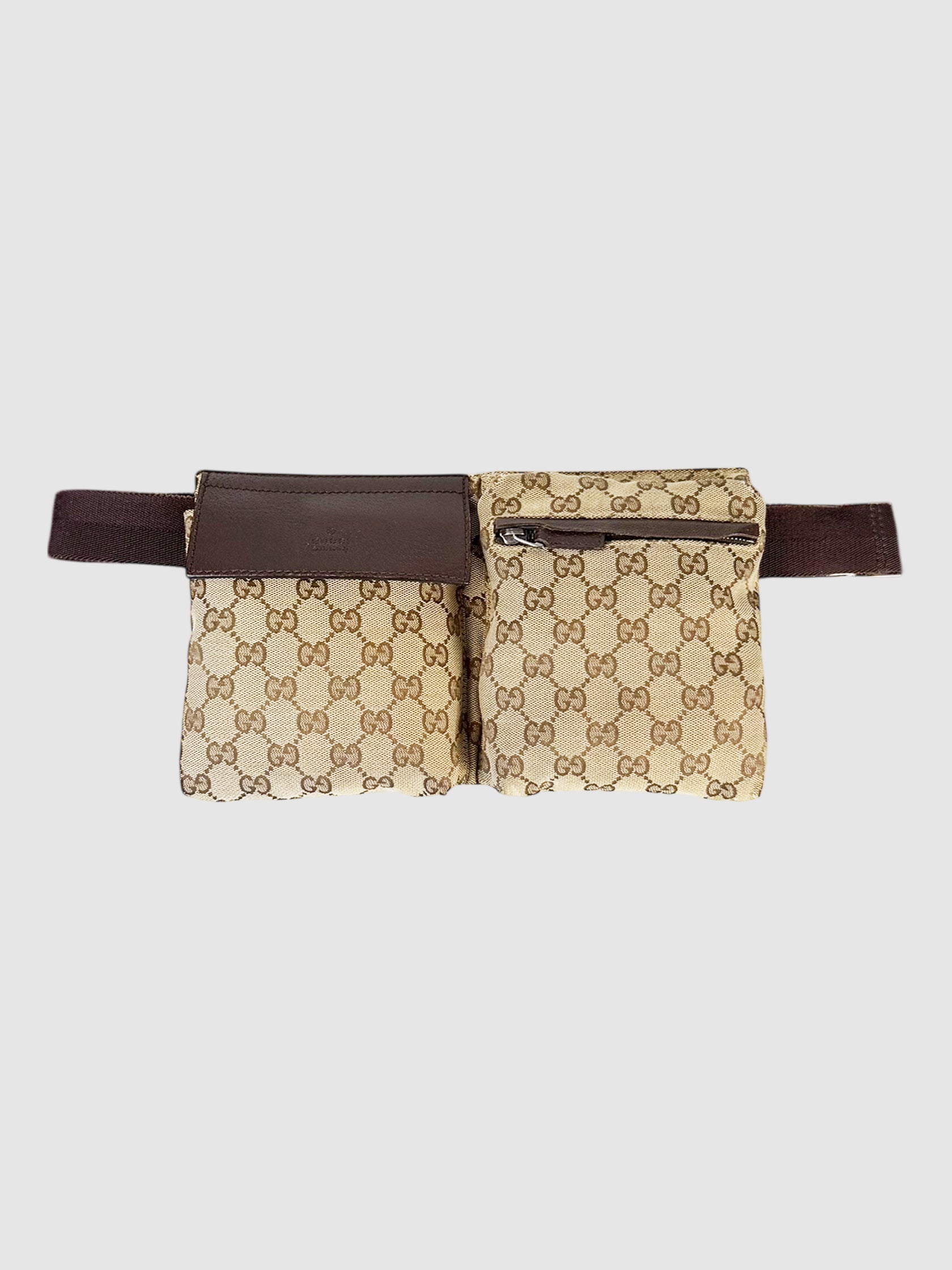 Gucci Beige GG Monogram Canvas Double Pocket Belt Bag luxury designer resale consignment secondhand toronto canada