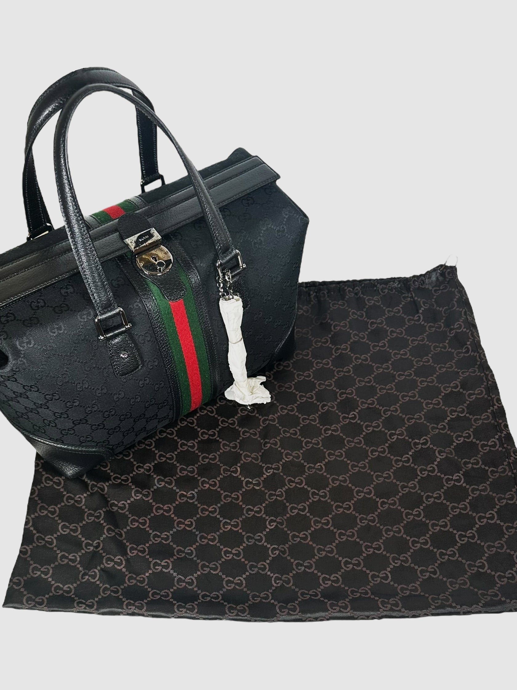 Gucci Black with Red and Green Stripe GG Canvas Boston Bag Consignment Secondhand Designer Luxury Resale Toronto Trendy