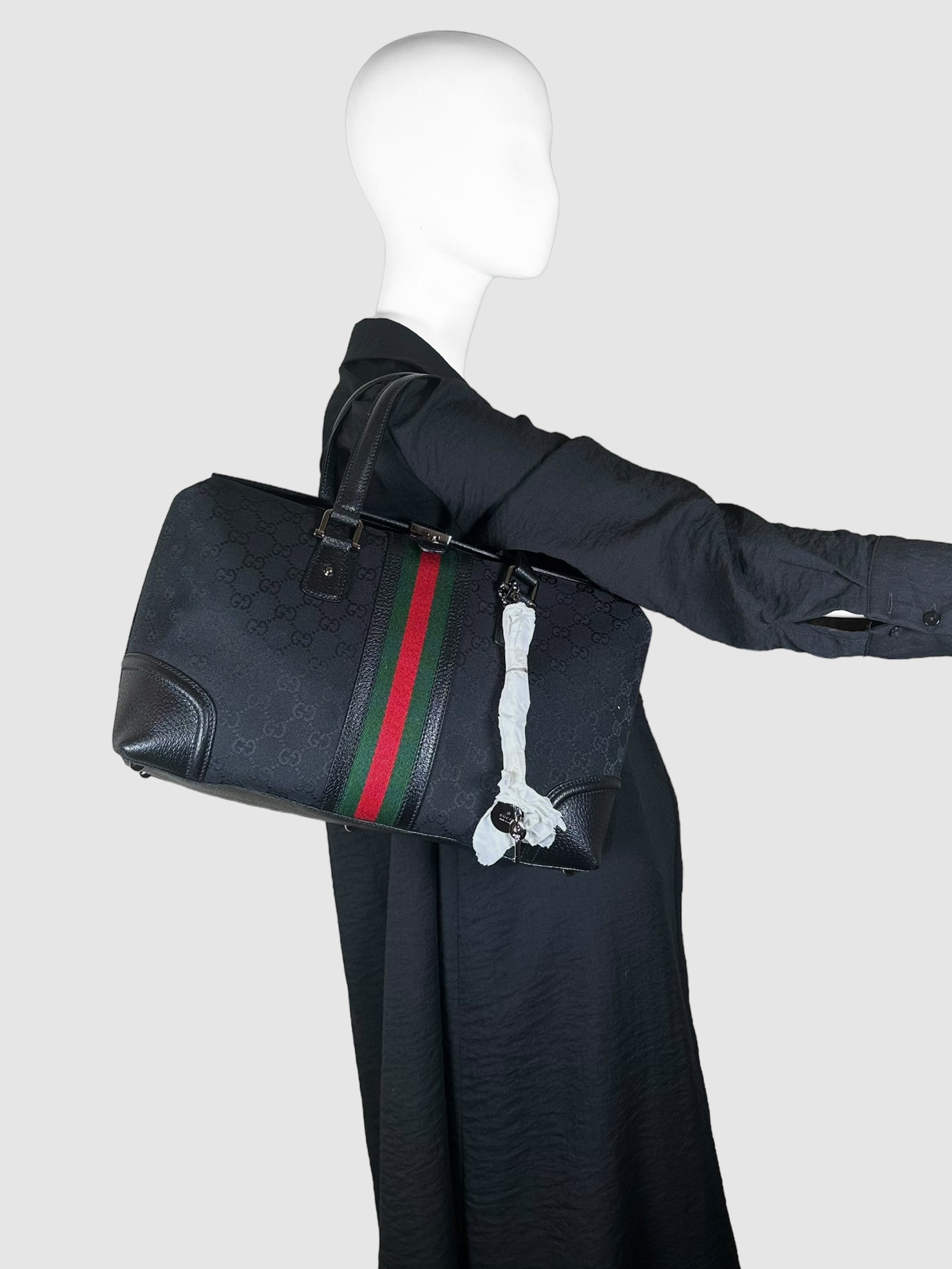 Gucci Black with Red and Green Stripe GG Canvas Boston Bag Consignment Secondhand Designer Luxury Resale Toronto Trendy