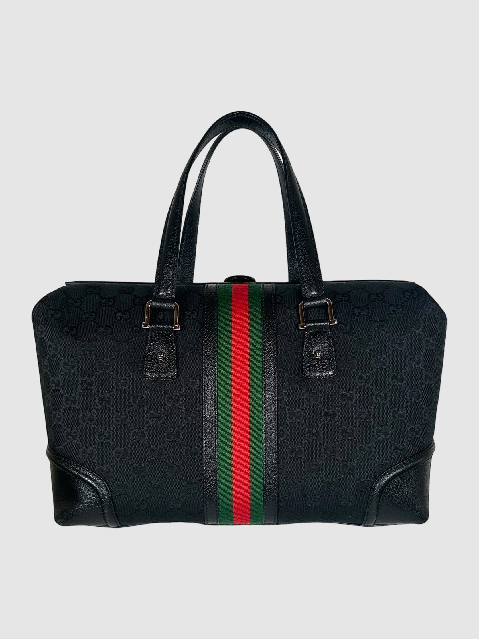 Gucci Black with Red and Green Stripe GG Canvas Boston Bag Consignment Secondhand Designer Luxury Resale Toronto Trendy