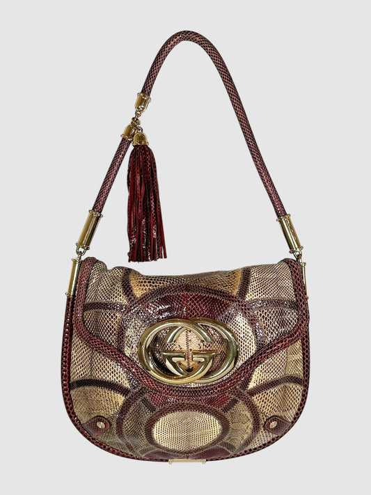 Gucci Beige and Burgundy Medium Python Patchwork Britt Tassel Flap Bag Luxury Designer Resale Consignment Toronto