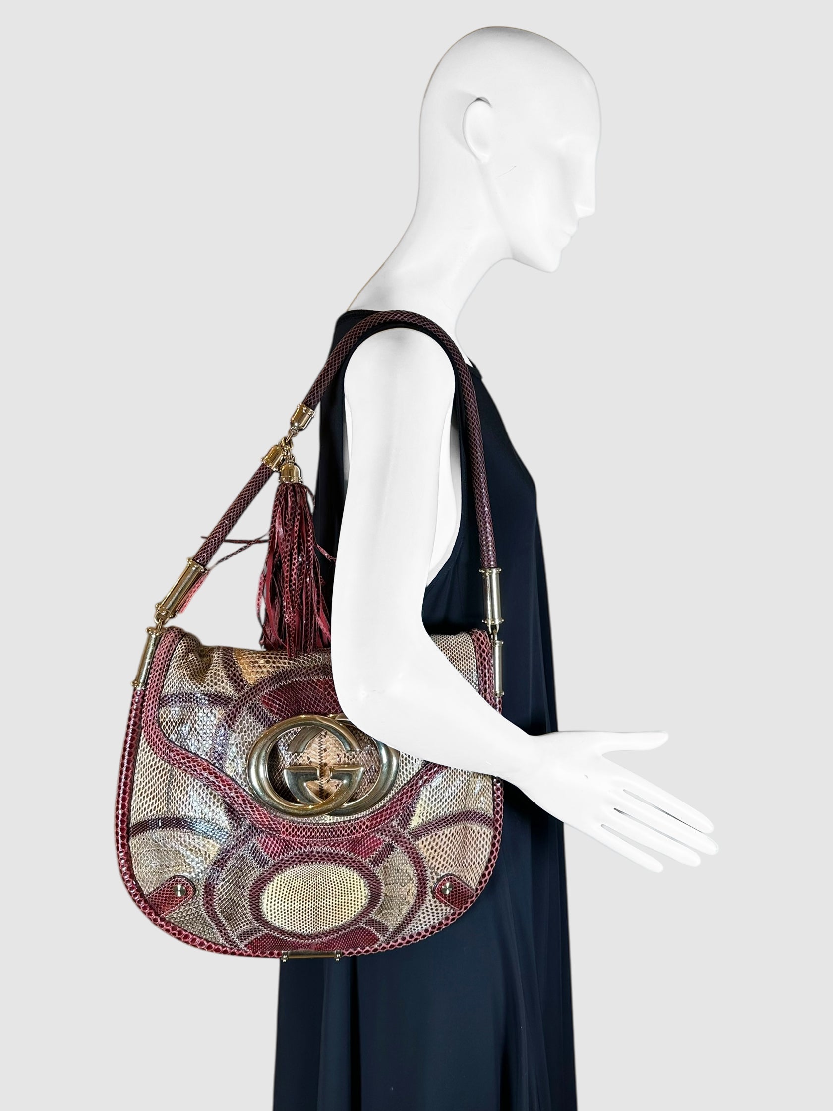 Gucci Beige and Burgundy Medium Python Patchwork Britt Tassel Flap Bag Luxury Designer Resale Consignment Toronto