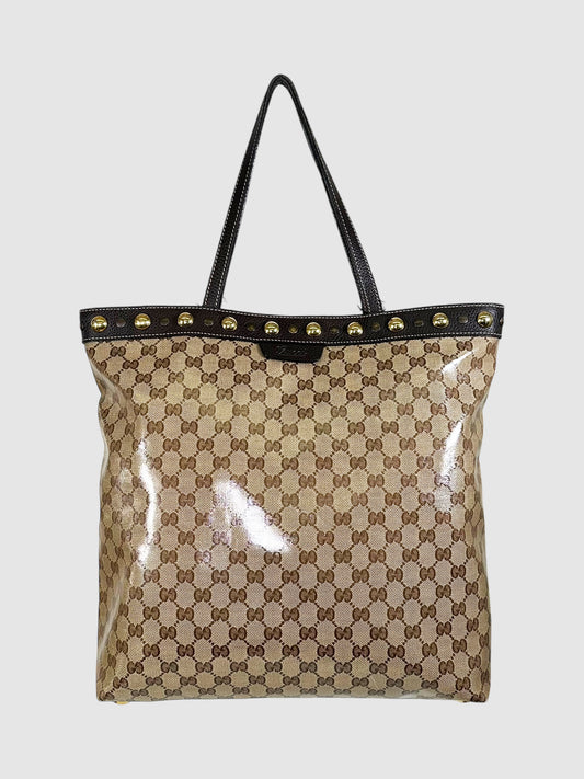 Gucci Brown GG Monogram Crystal-Coated Canvas Large Vertical Babouska Tote Bag Luxury Designer Resale Toronto Consignment Vintage