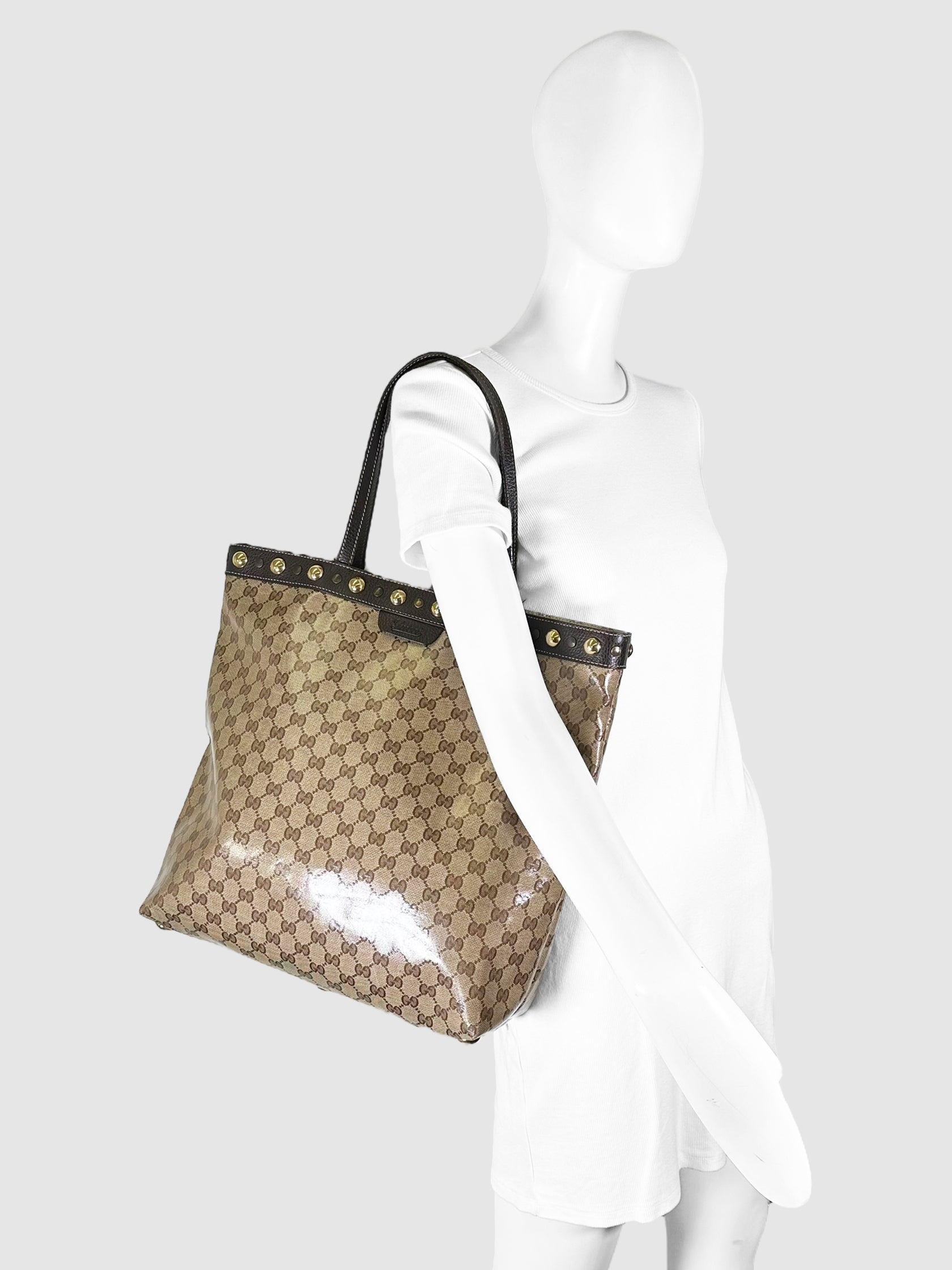 Gucci Brown GG Monogram Crystal-Coated Canvas Large Vertical Babouska Tote Bag Luxury Designer Resale Toronto Consignment Vintage