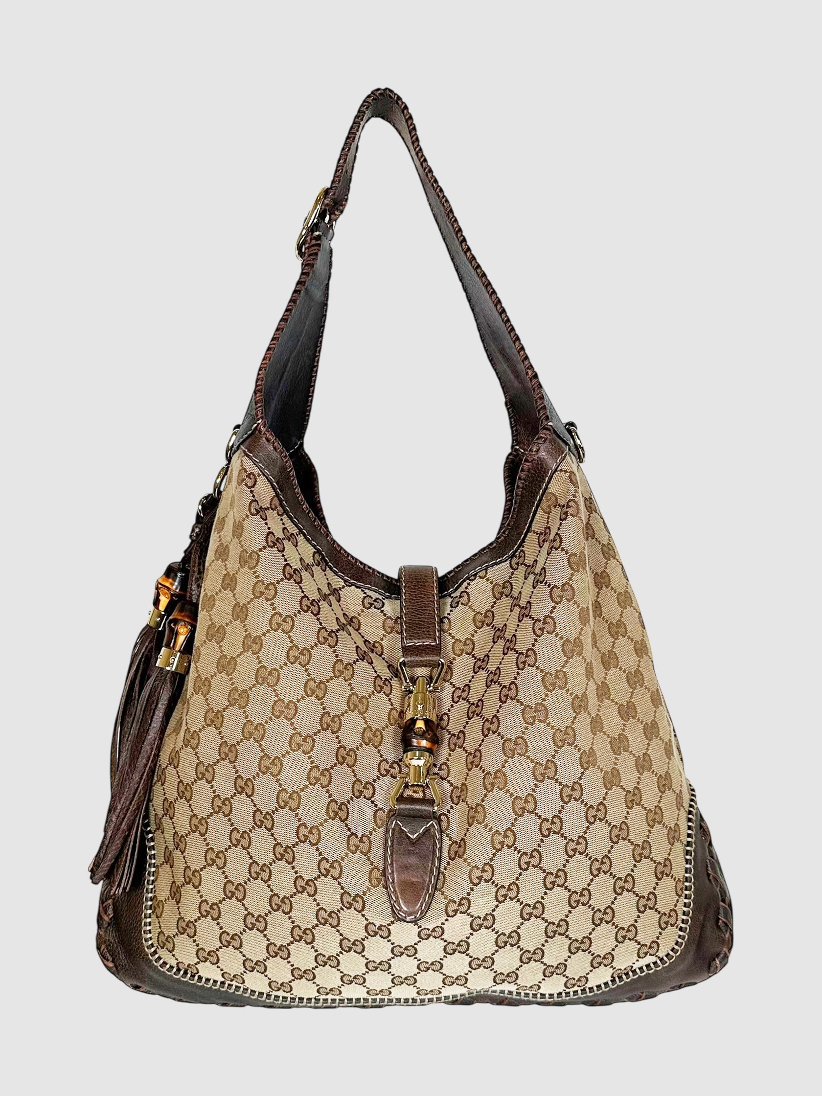 Gucci Beige and Brown Monogram Canvas and Leather Large Jackie Hobo Bag Luxury Designer Resale Consignment Secondhand Toronto Canada