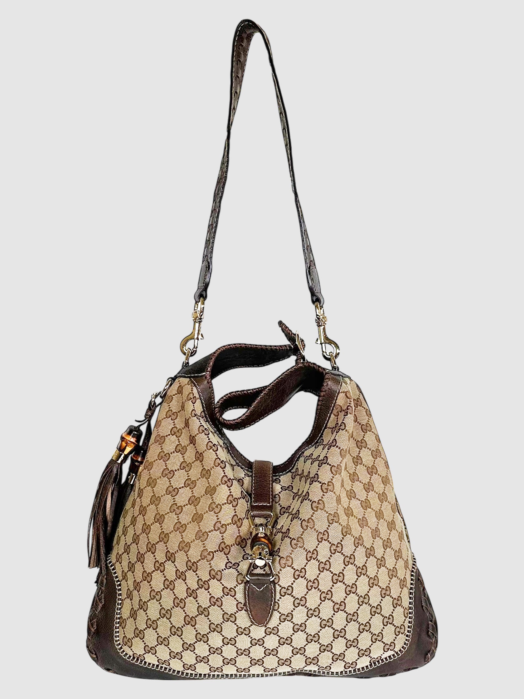 Gucci Beige and Brown Monogram Canvas and Leather Large Jackie Hobo Bag Luxury Designer Resale Consignment Secondhand Toronto Canada