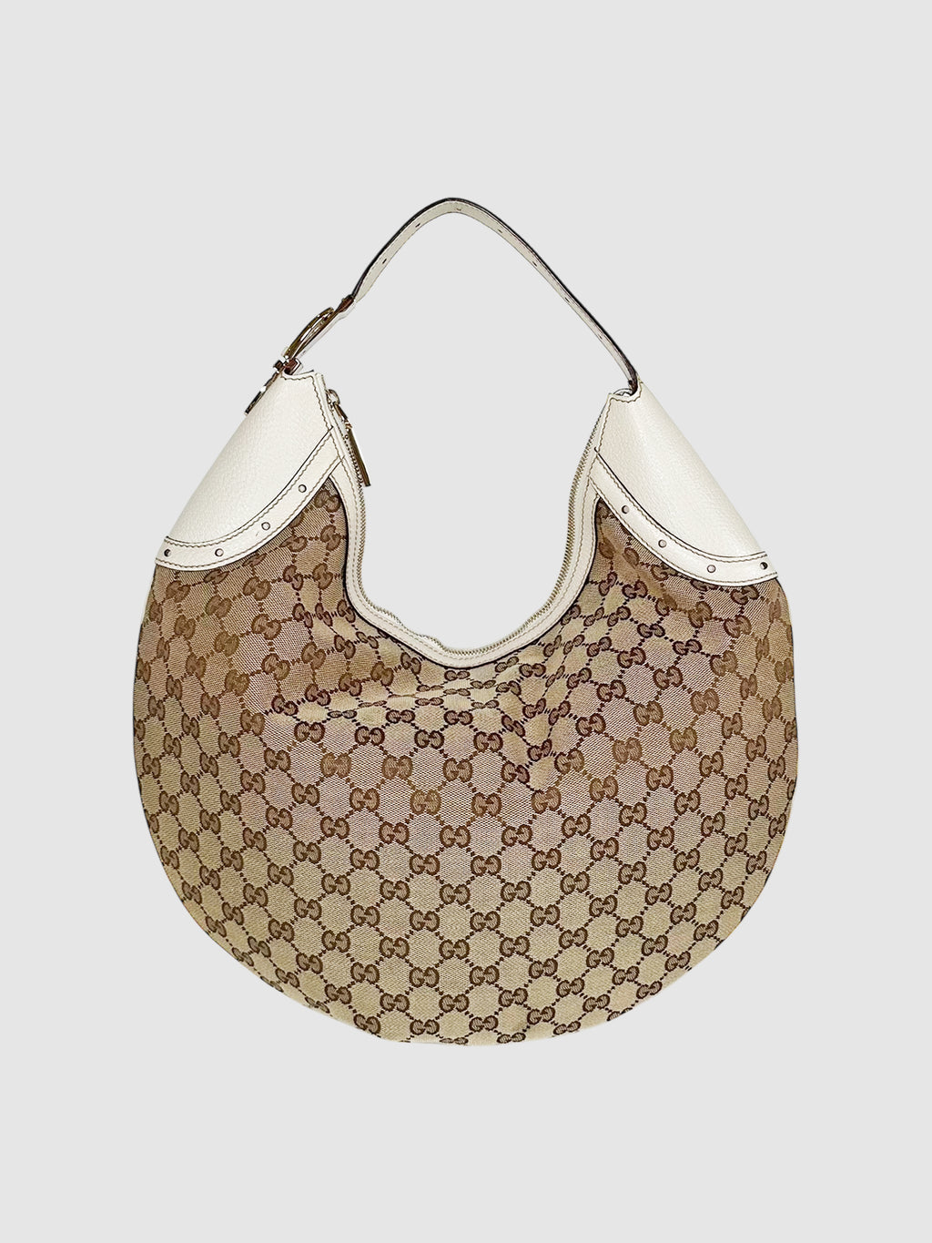 Gucci Beige and White Round Monogram Canvas Glam Hobo Bag Handbag Luxury Designer Resale Consignment Secondhand Toronto Canada