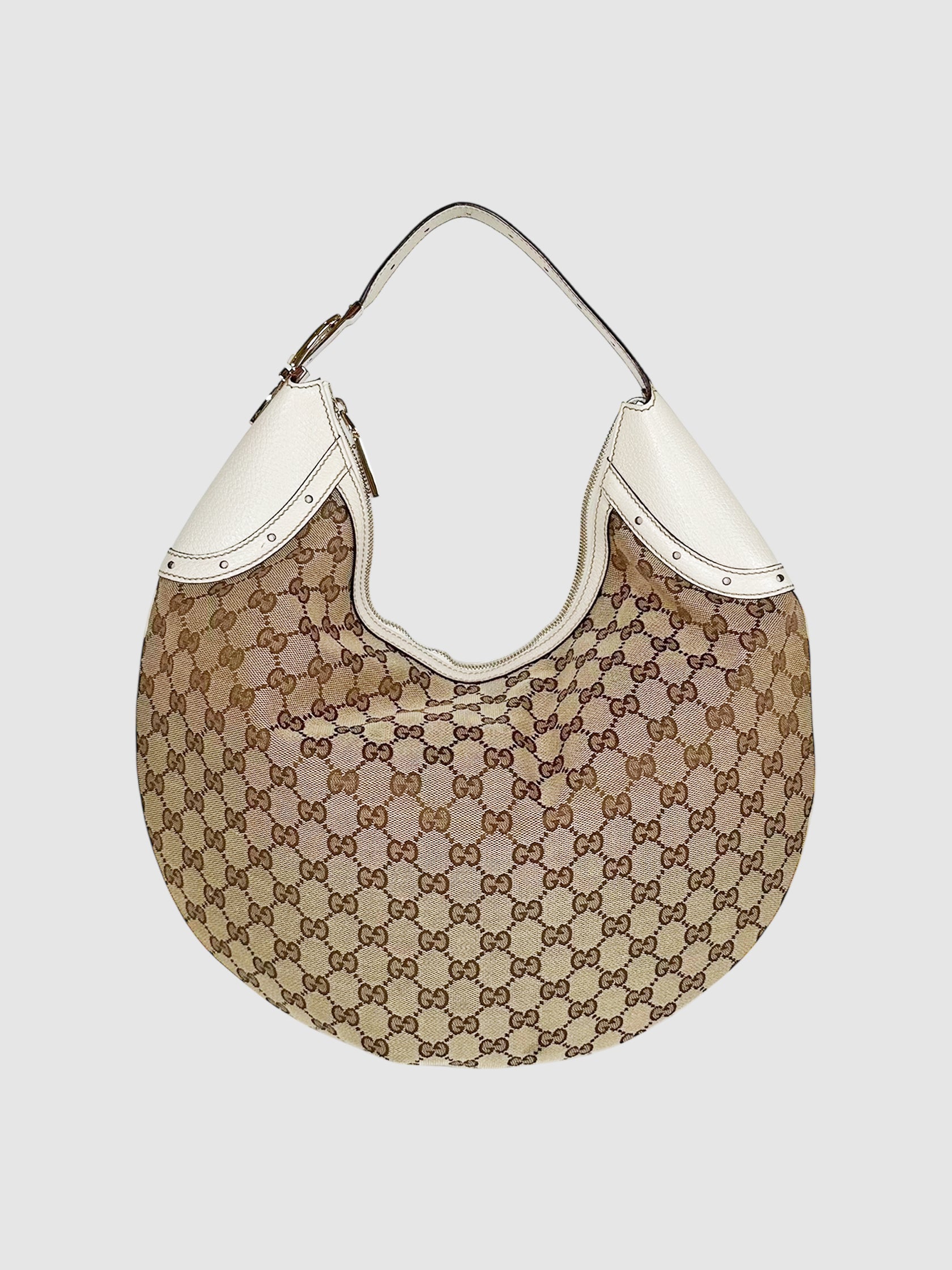 Gucci Beige and White Round Monogram Canvas Glam Hobo Bag Handbag Luxury Designer Resale Consignment Secondhand Toronto Canada