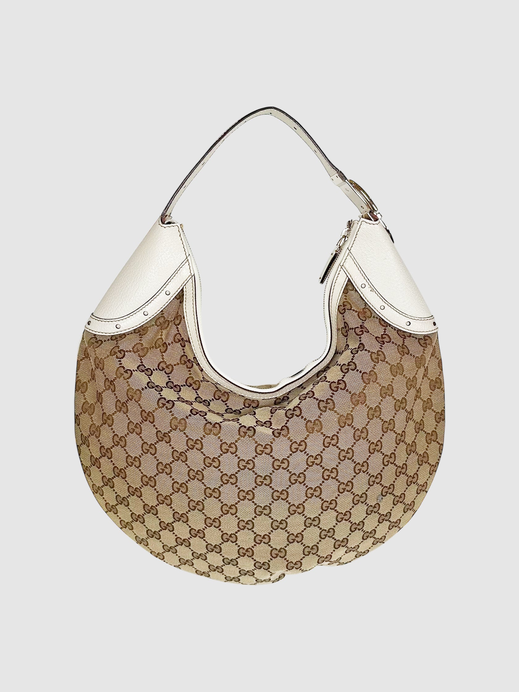 Gucci Beige and White Round Monogram Canvas Glam Hobo Bag Handbag Luxury Designer Resale Consignment Secondhand Toronto Canada