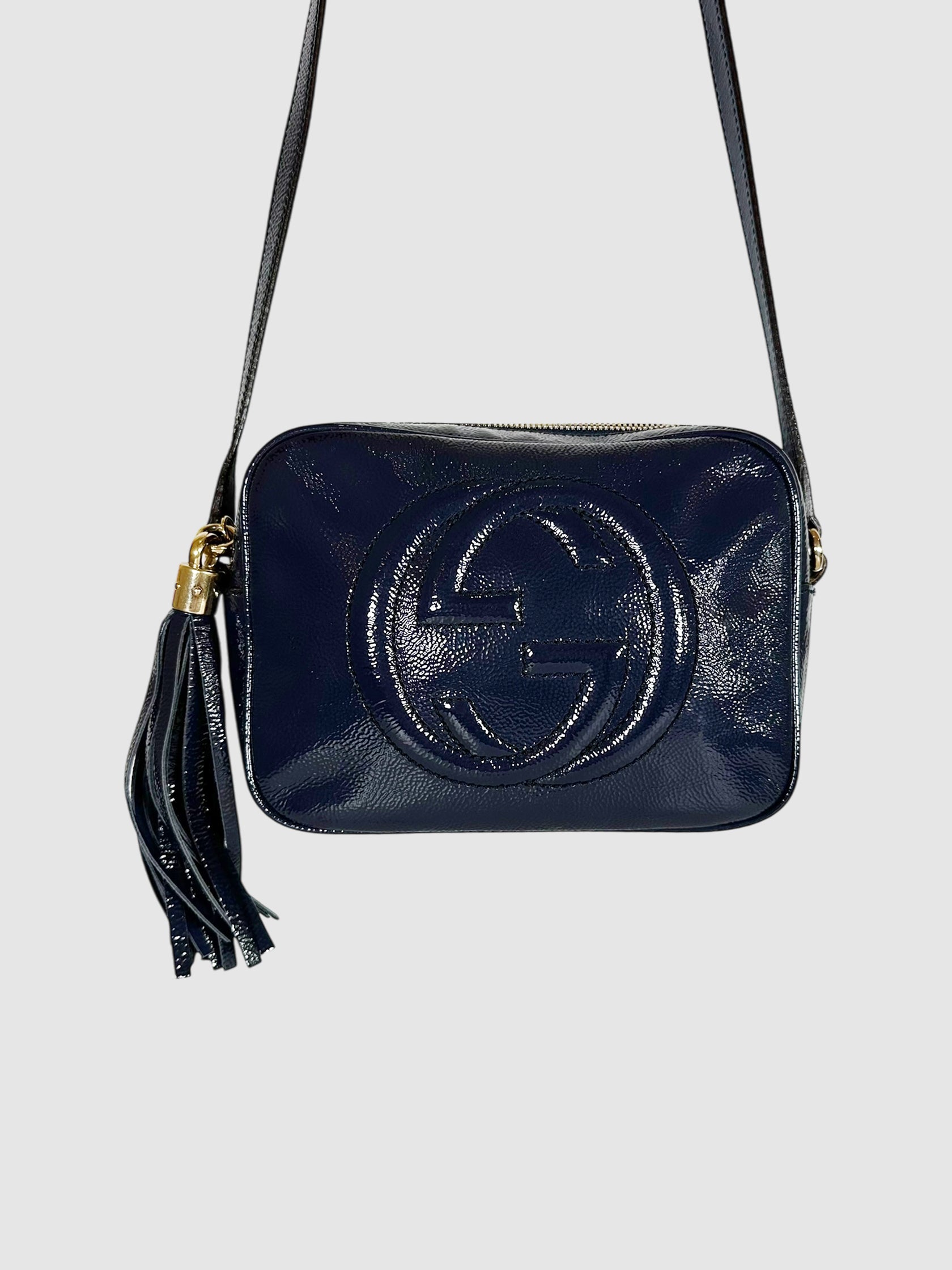 Gucci Navy Blue Patent Leather Soho Disco Crossbody Bag Luxury Designer Resale Consignment Toronto Canada