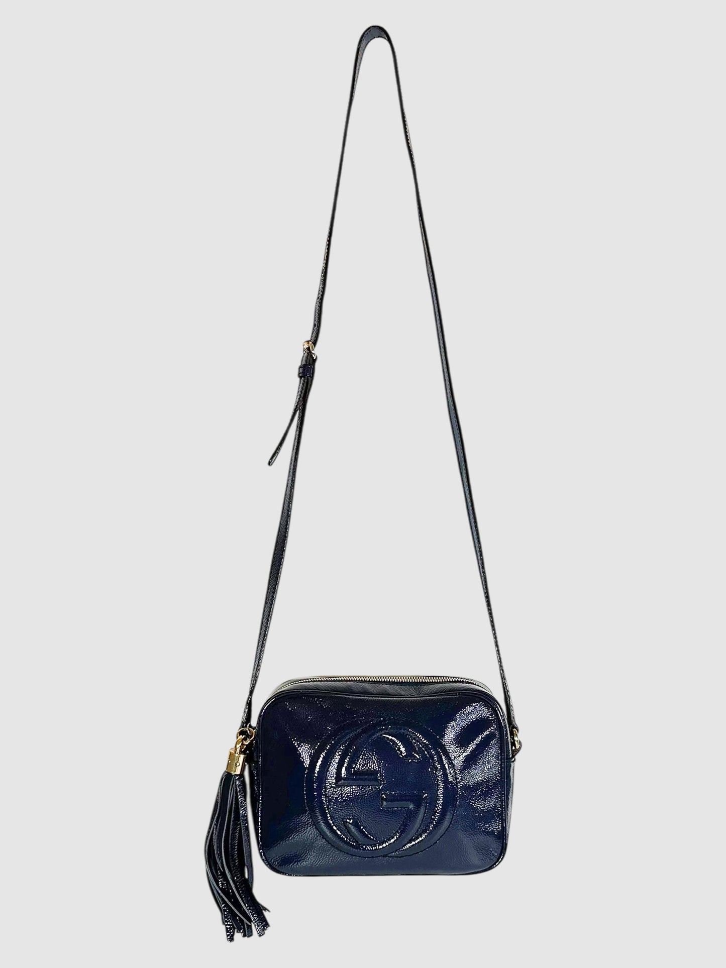 Gucci Navy Blue Patent Leather Soho Disco Crossbody Bag Luxury Designer Resale Consignment Toronto Canada