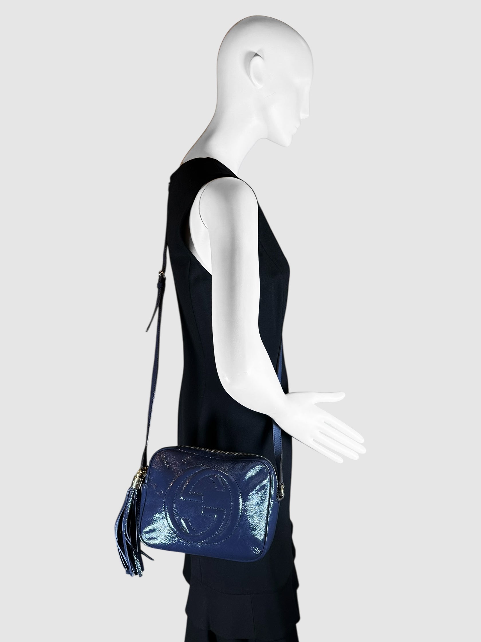 Gucci Navy Blue Patent Leather Soho Disco Crossbody Bag Luxury Designer Resale Consignment Toronto Canada