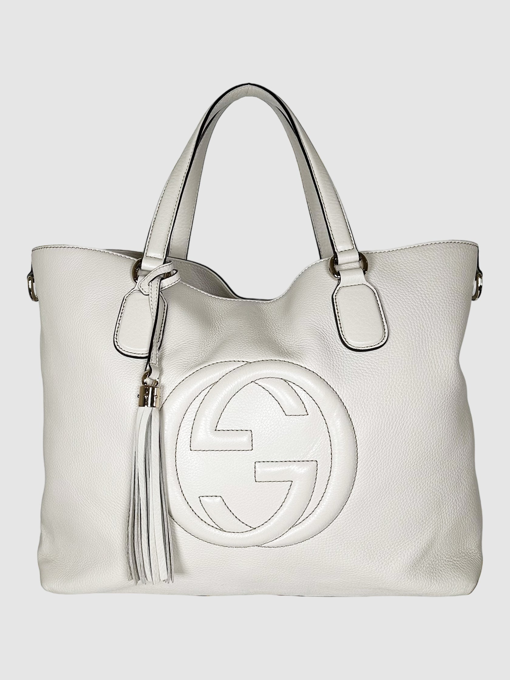 Gucci Off-White Pebbled Leather Soho Cellarius Tote Bag Consignment Secondhand Designer Luxury Resale Toronto Trendy