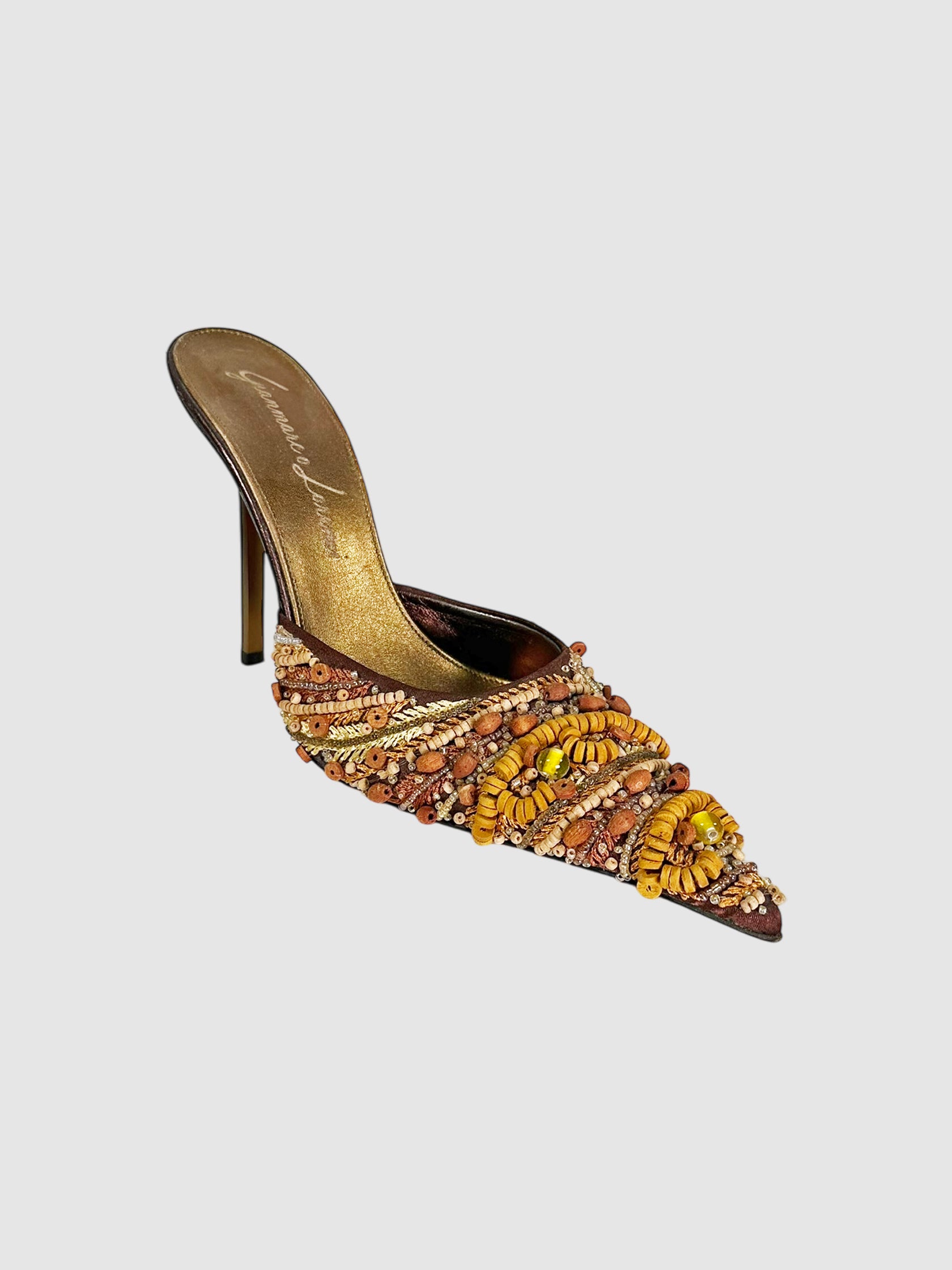 Gianmarco Lorenzi Brown Beaded Pointed Toe Mules Size 37 Luxury Designer Resale Consignment Toronto Secondhand Vintage Trendy