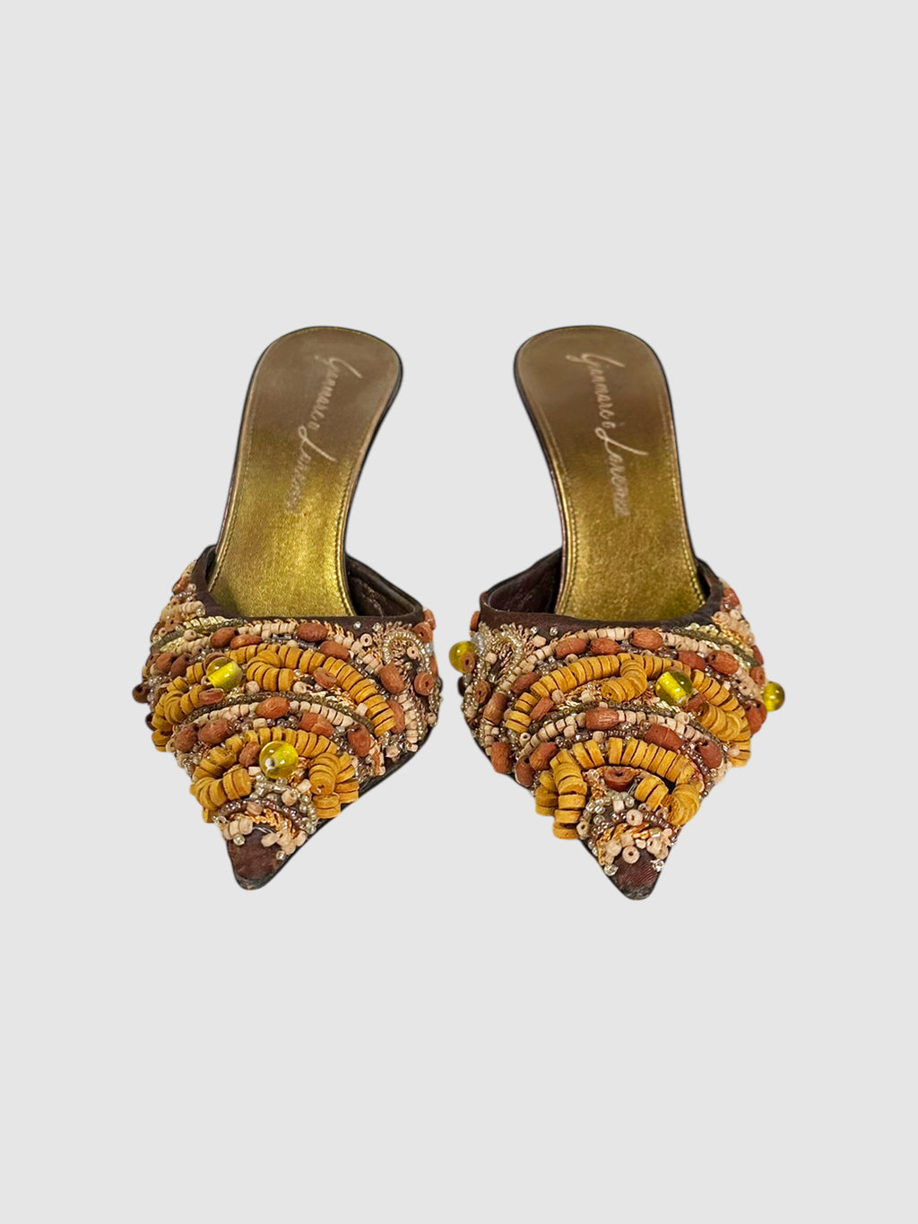 Gianmarco Lorenzi Brown Beaded Pointed Toe Mules Size 37 Luxury Designer Resale Consignment Toronto Secondhand Vintage Trendy