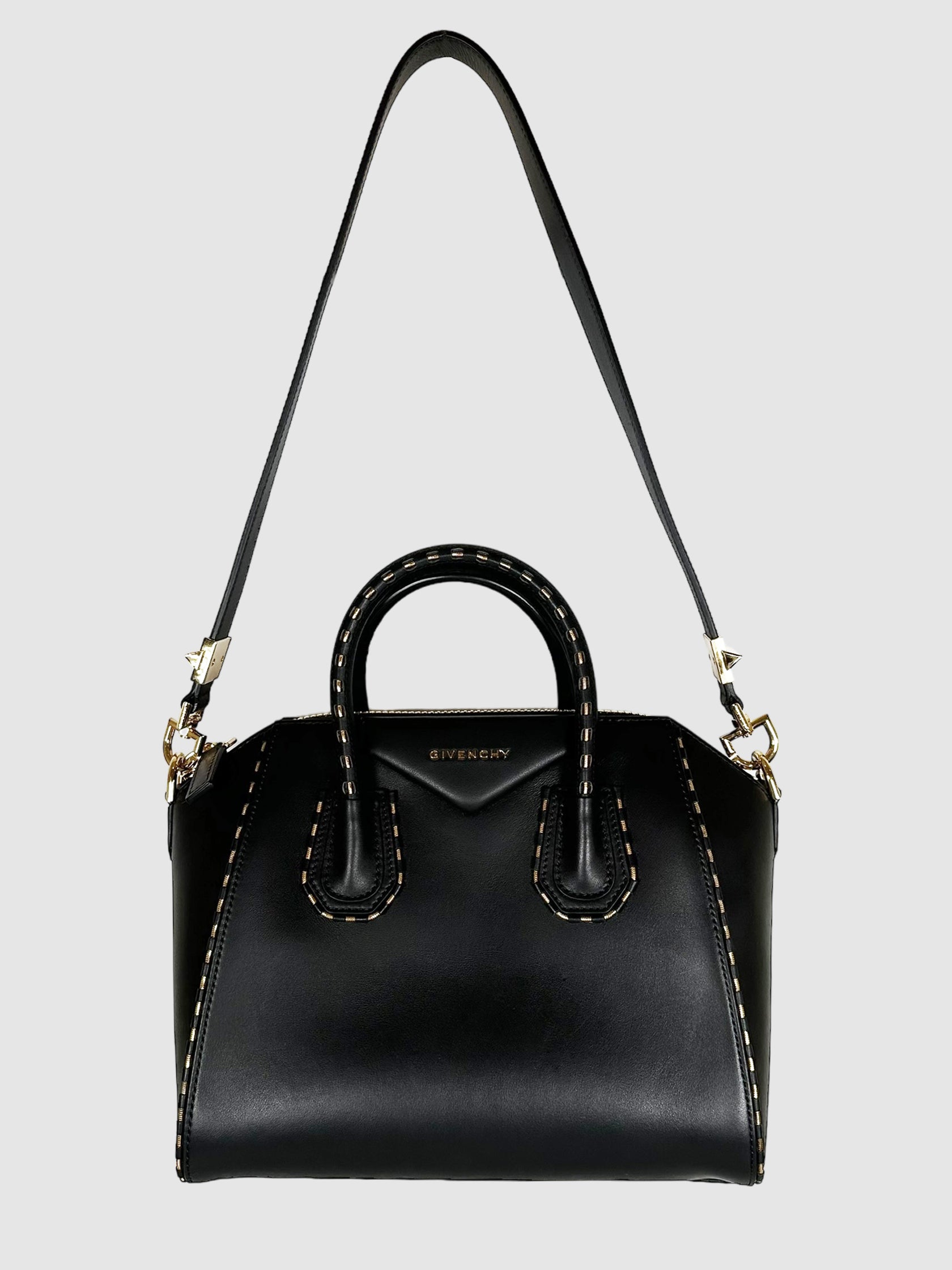 Givenchy Black Leather Chainlink Embellished Antigona Bag Consignment Secondhand Designer Luxury Resale Toronto Trendy