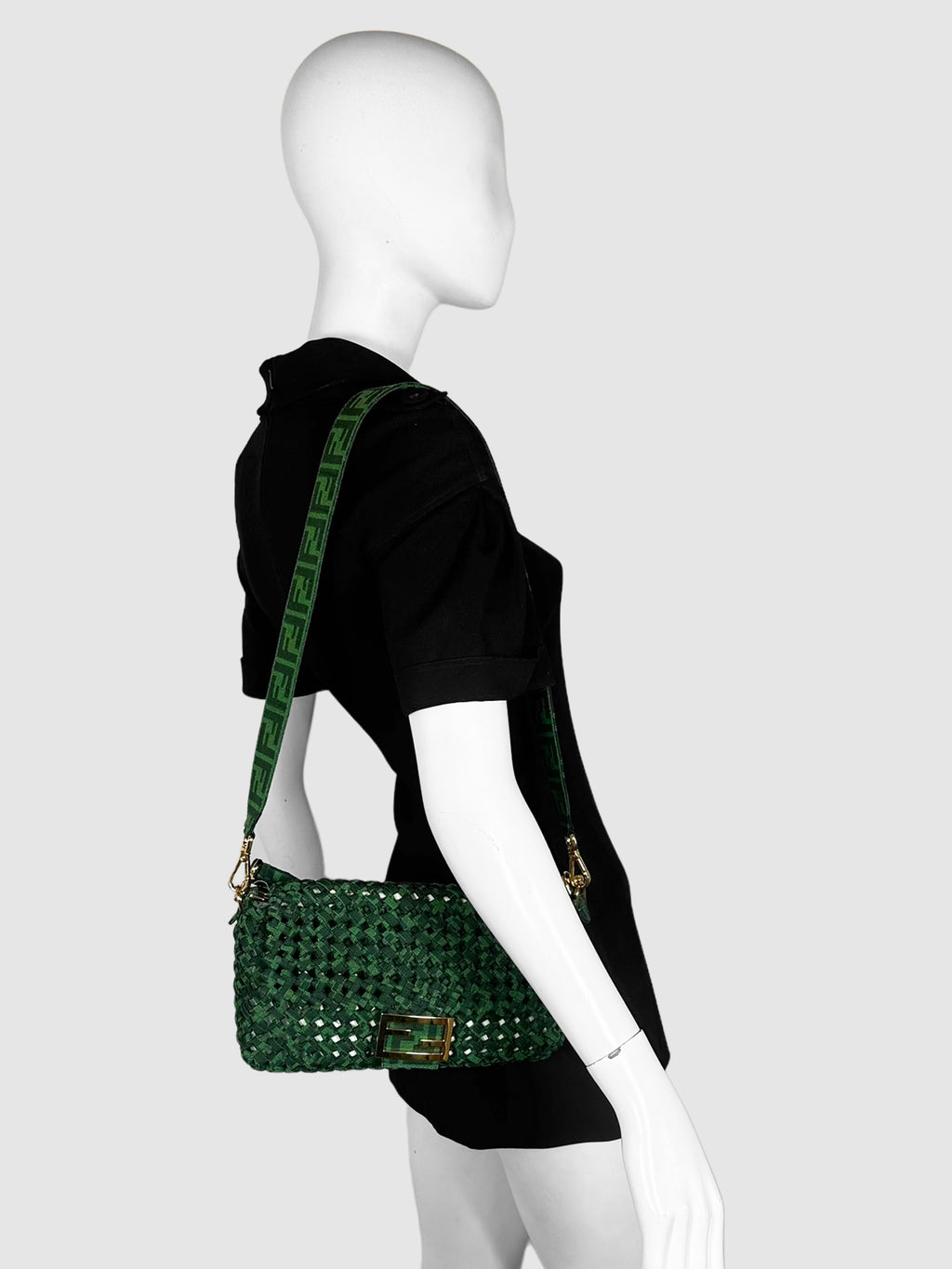 Fendi Green Jacquard Woven Fabric Medium Baguette Bag Consignment Luxury Resale Designer Secondhand Toronto Canada