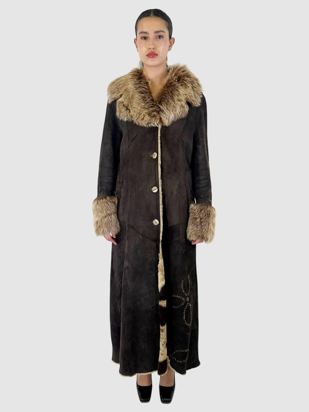 Long Shearling Flower Detail Coat - Size 46
