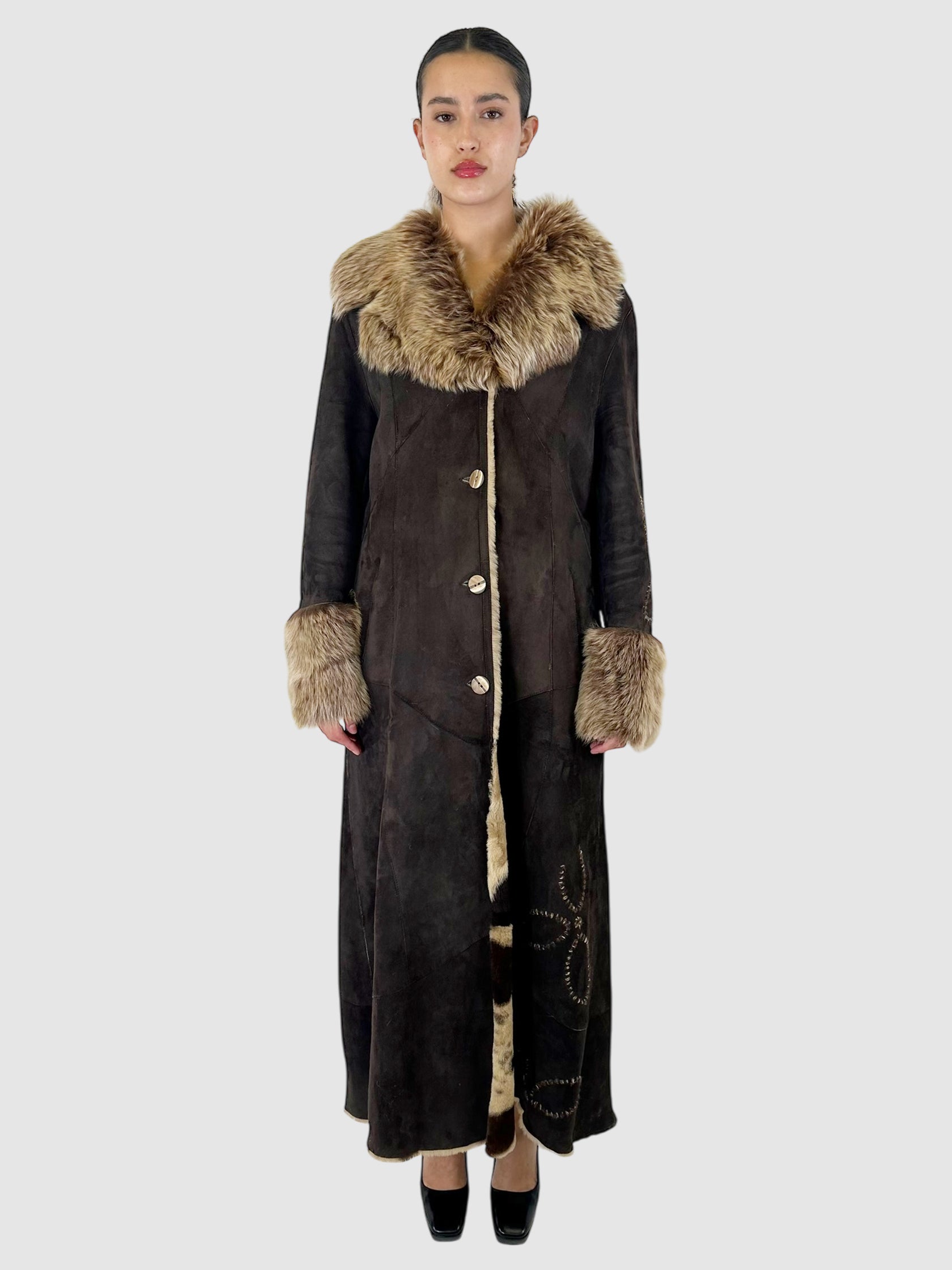 Long Shearling Flower Detail Coat - Size 46