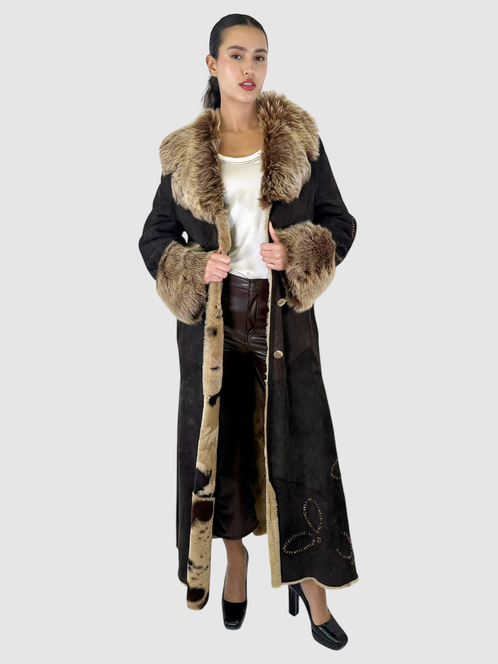 Long Shearling Flower Detail Coat - Size 46