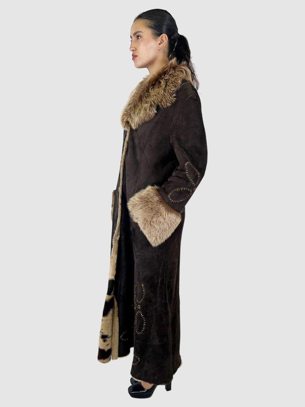 Long Shearling Flower Detail Coat - Size 46