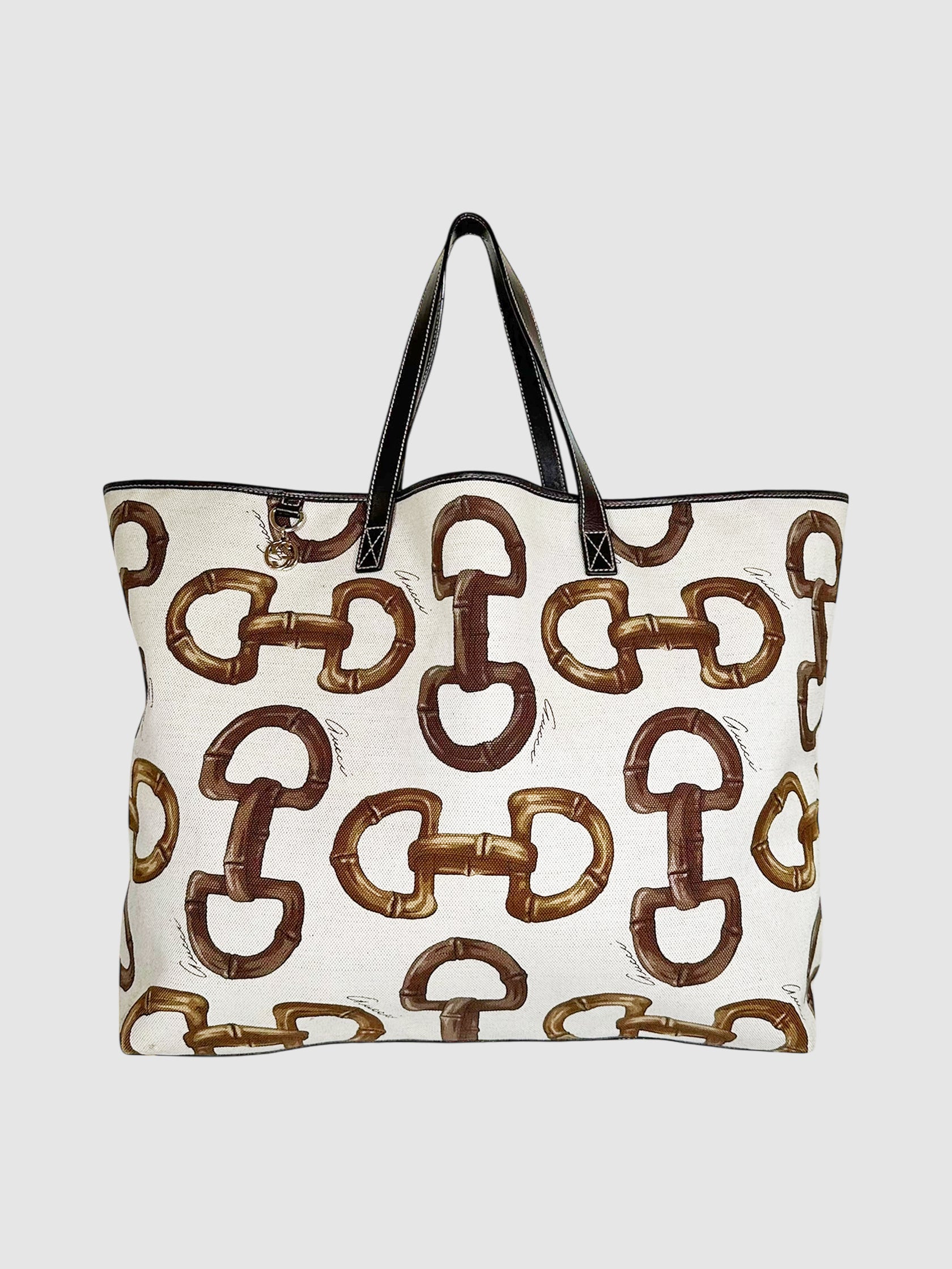 Gucci Cream and Brown Canvas Horsebit Print Tote Bag Handbag Luxury Designer Resale Consignment Secondhand Toronto Canada