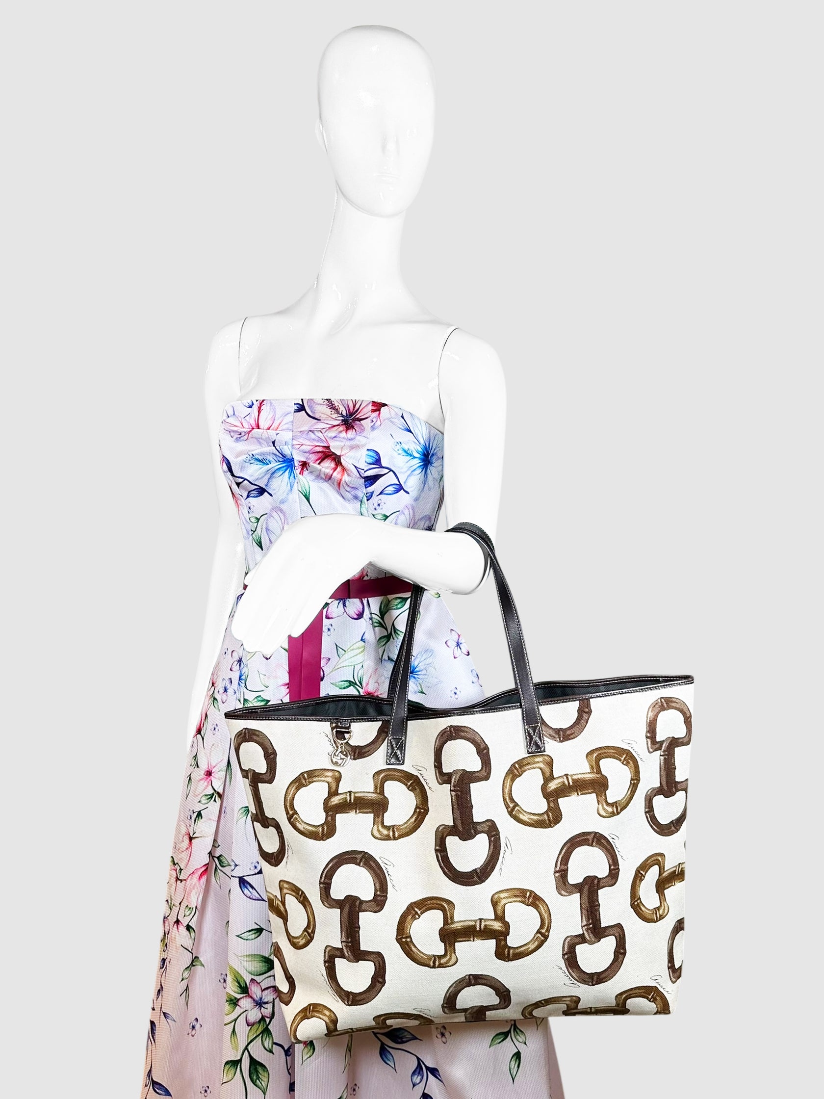 Gucci Cream and Brown Canvas Horsebit Print Tote Bag Handbag Luxury Designer Resale Consignment Secondhand Toronto Canada