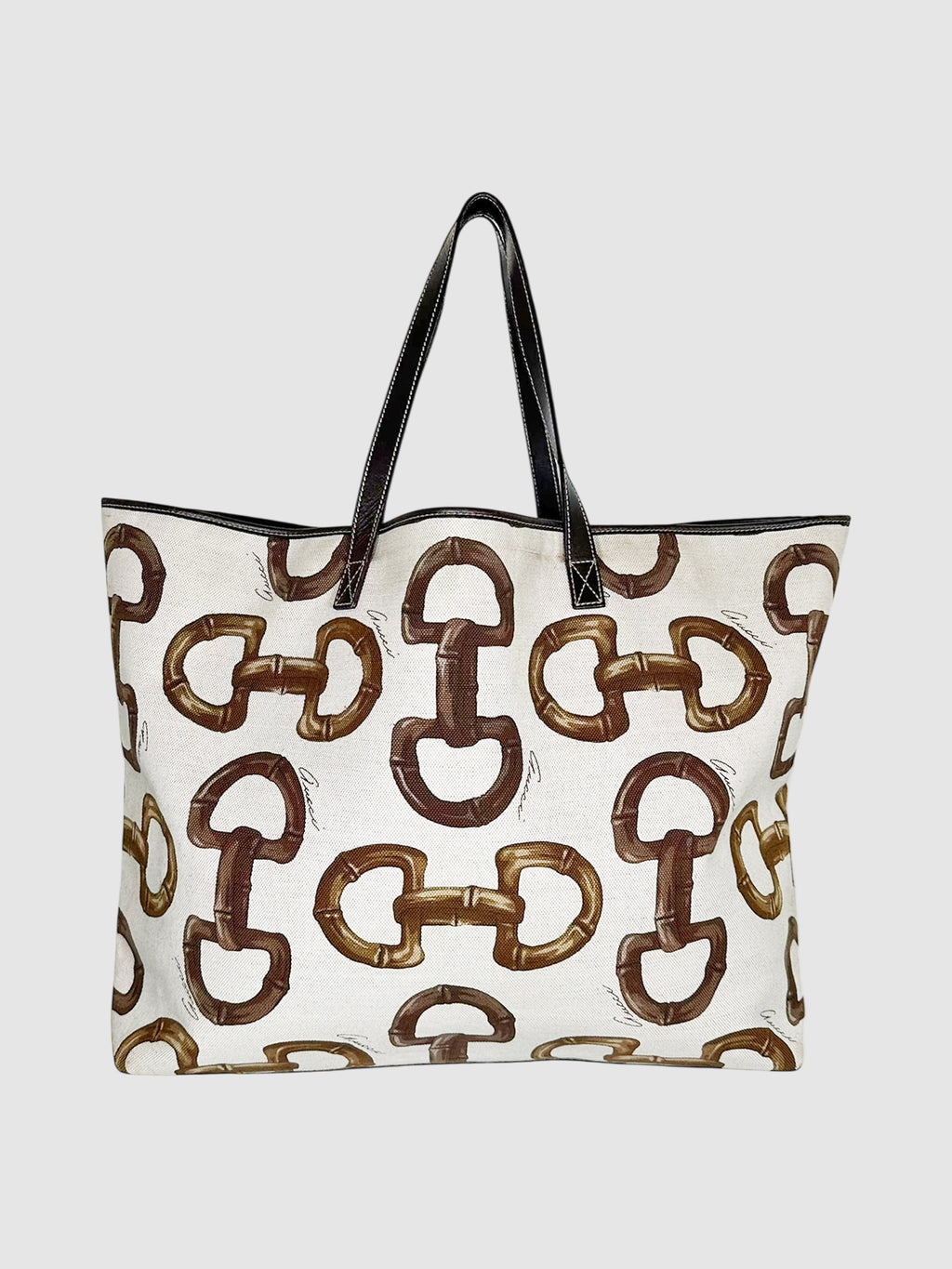 Gucci Cream and Brown Canvas Horsebit Print Tote Bag Handbag Luxury Designer Resale Consignment Secondhand Toronto Canada
