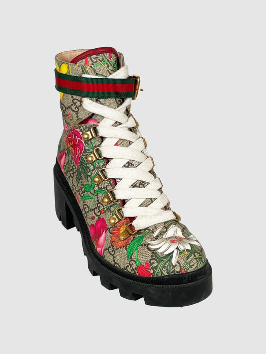 Gucci Flora Print Grosgrain Trim Combat Boots - Size 39