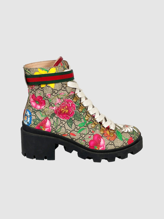 Gucci Flora Print Grosgrain Trim Combat Boots - Size 39