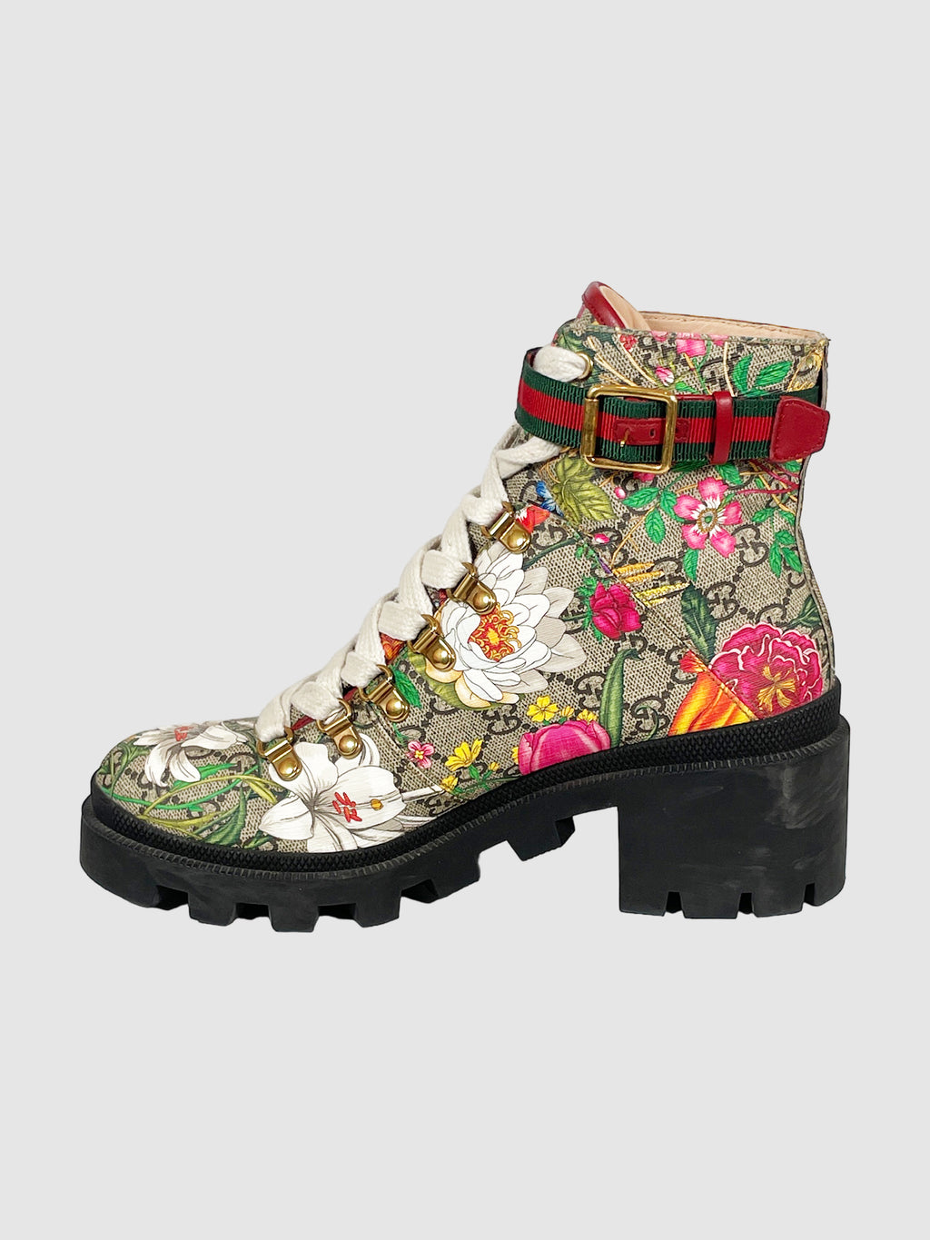 Gucci Flora Print Grosgrain Trim Combat Boots - Size 39