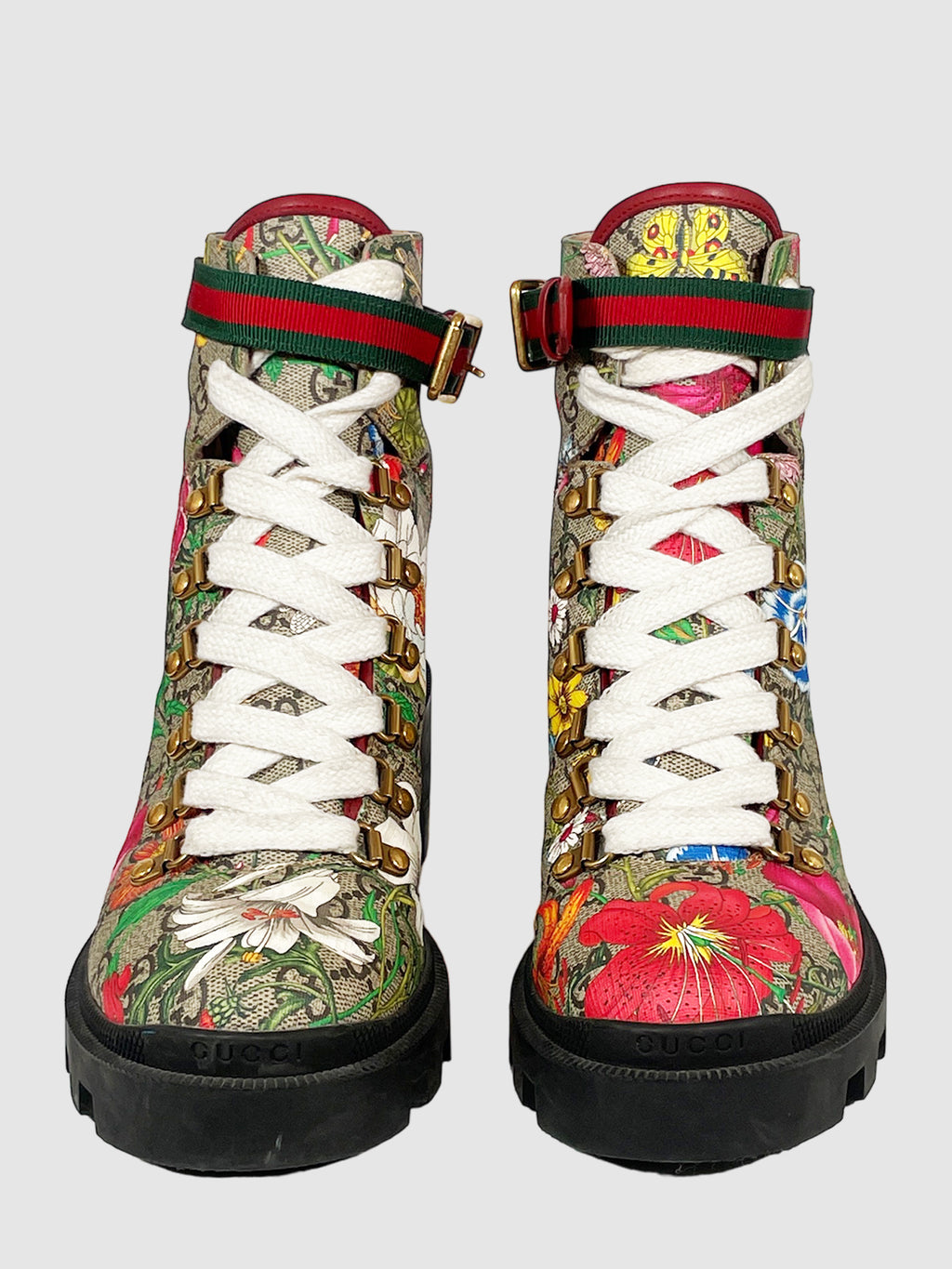 Gucci Flora Print Grosgrain Trim Combat Boots - Size 39