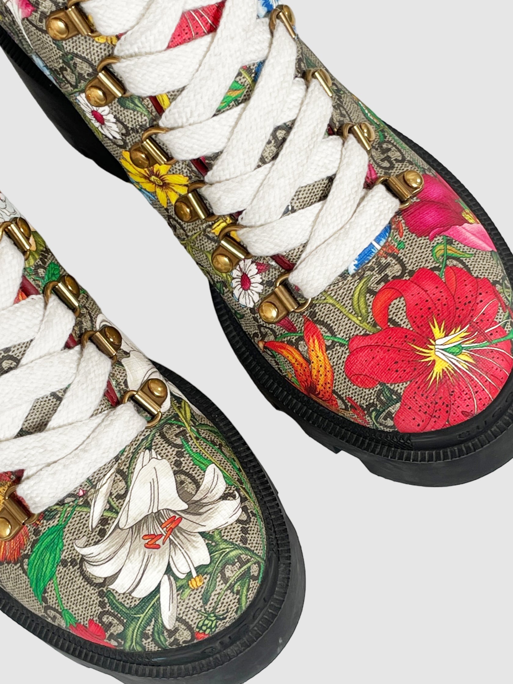 Gucci Flora Print Grosgrain Trim Combat Boots - Size 39
