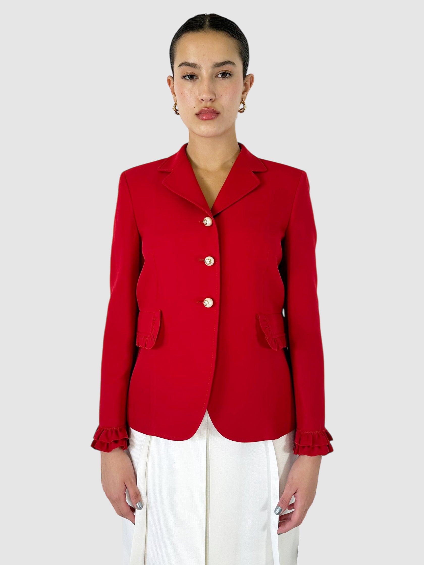 Wool/Silk Frill Detail Single-Breasted Blazer - Size 44