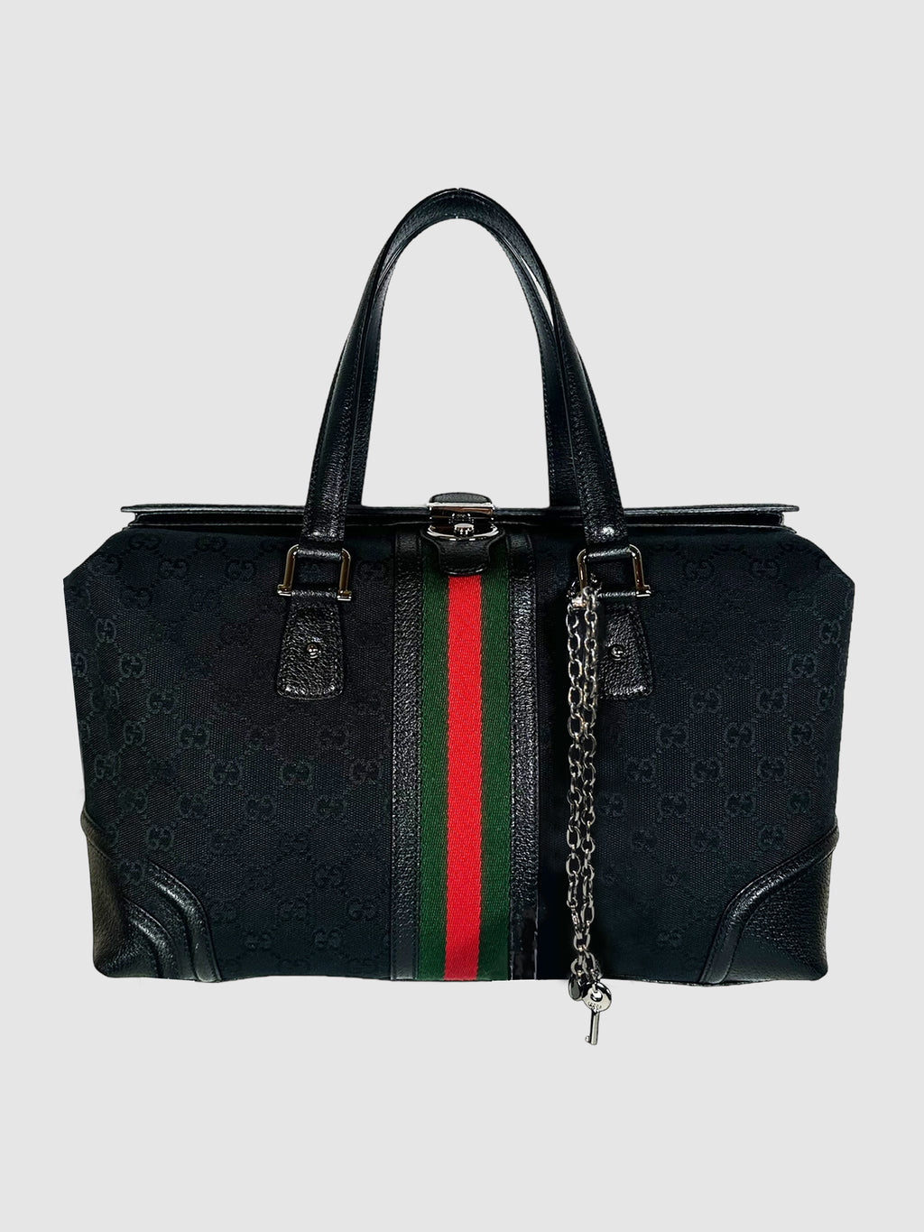 Gucci Black with Red and Green Stripe GG Canvas Boston Bag Consignment Secondhand Designer Luxury Resale Toronto Trendy