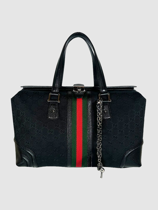 Gucci Black with Red and Green Stripe GG Canvas Boston Bag Consignment Secondhand Designer Luxury Resale Toronto Trendy