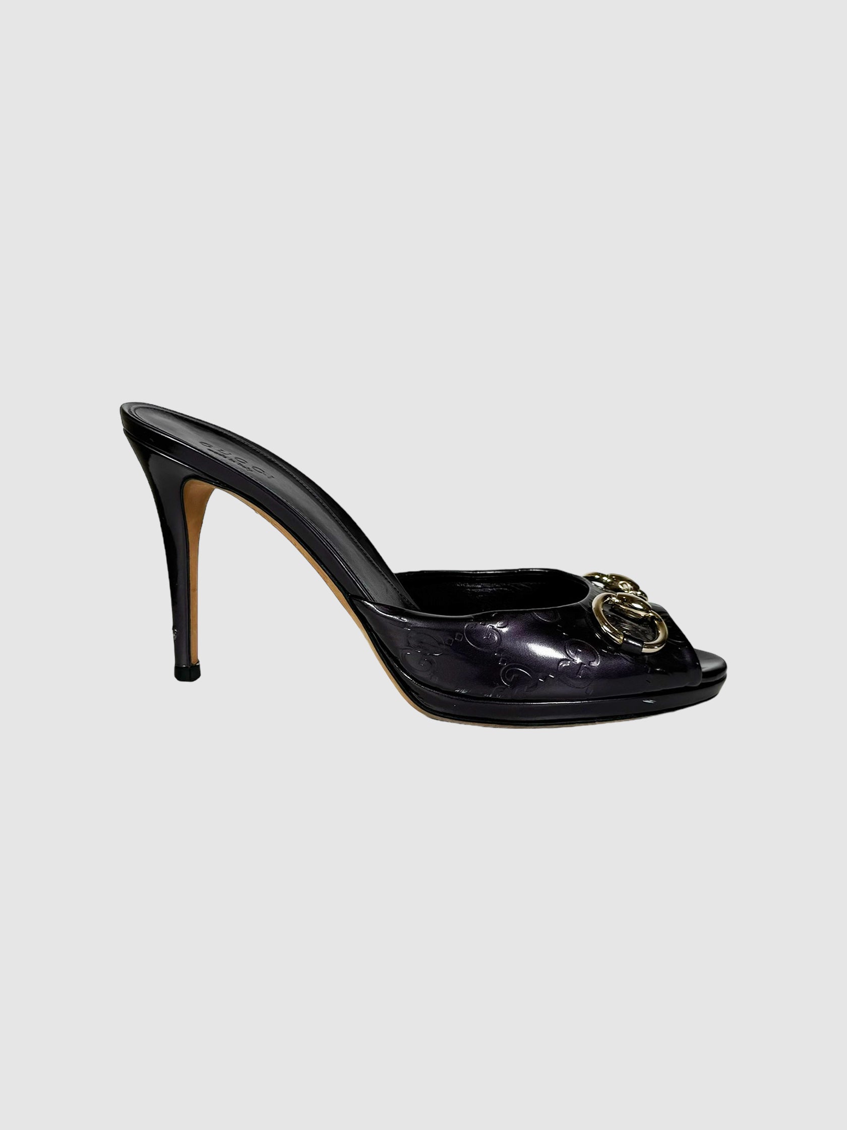 Gucci Purple Guccissima Patent Leather Peep Toe Heels Size 37 Consignment Secondhand Designer Luxury Resale Toronto Trendy